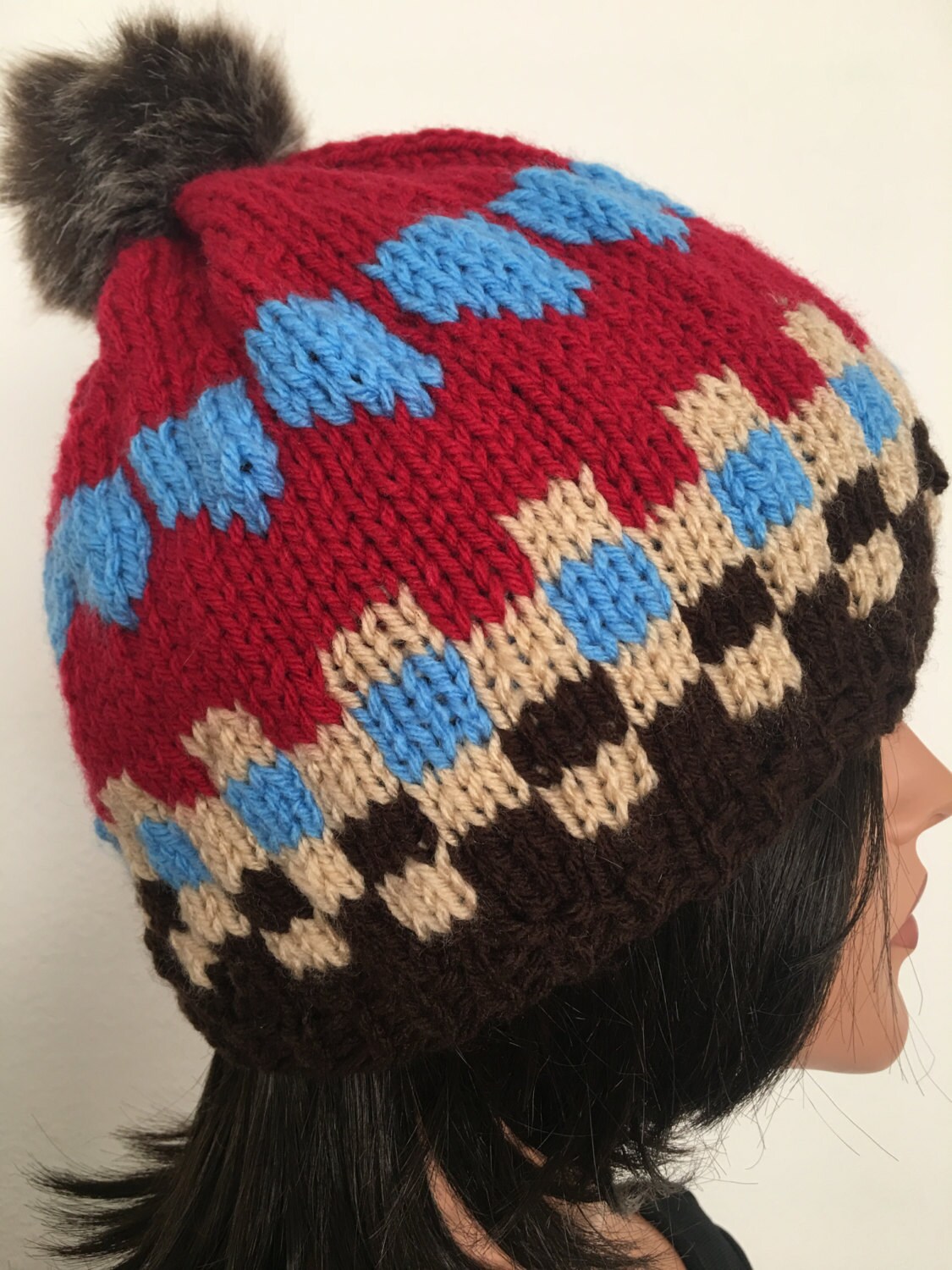 Hand Knits 2 Love Beanie Hat Chemo Cap Checkers Faux Fur Pom