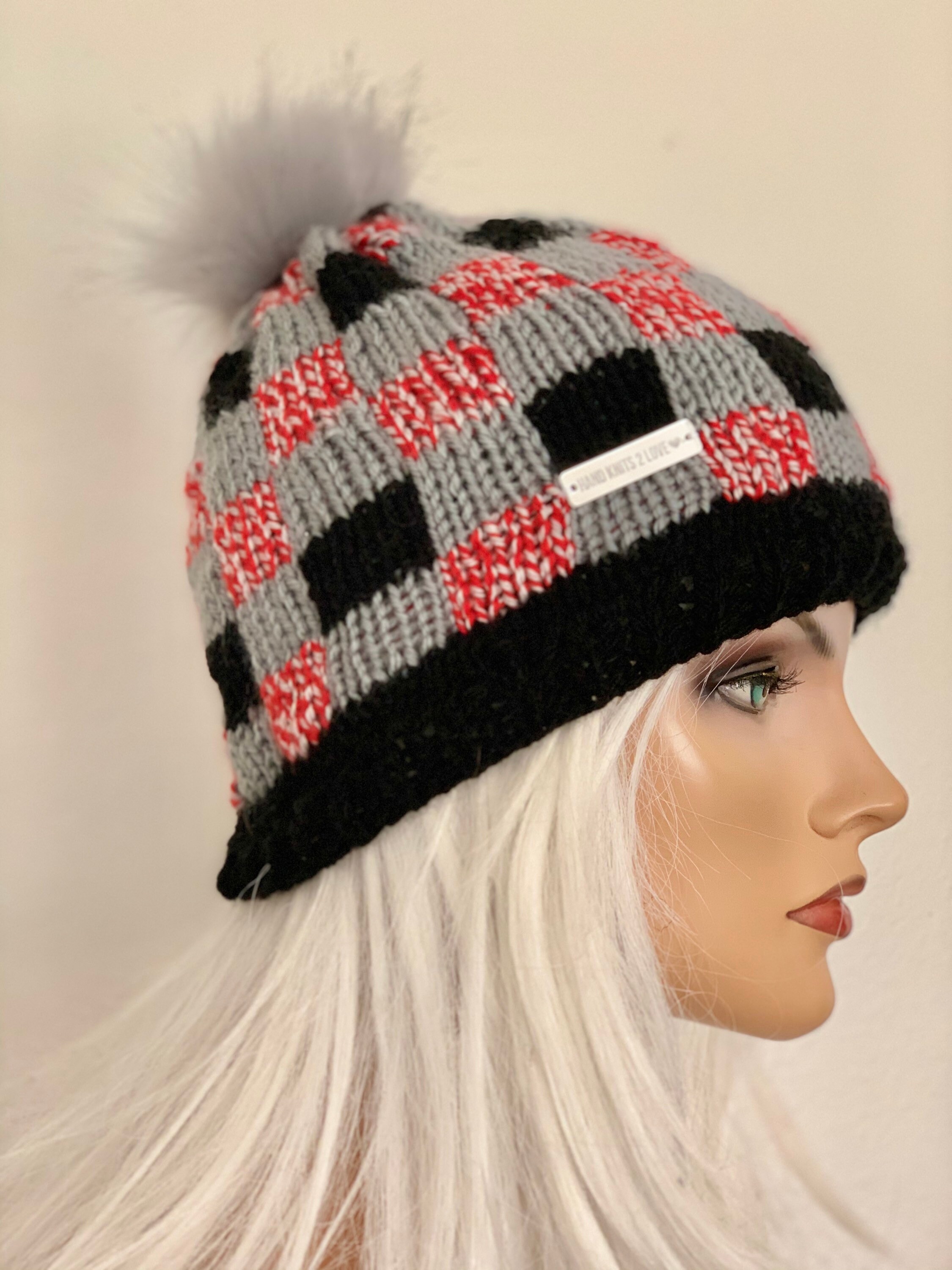 Hand Knits 2 Love Beanie Cap Hat Plaid Checkers Designer