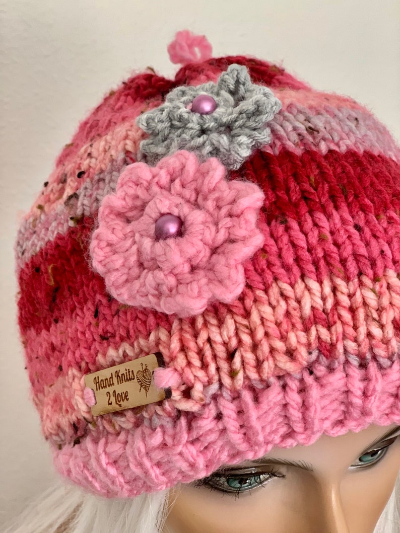 Hand Knits 2 Love Beanie Hat Slouch Cap Ombr\u00e9 Tweed Designer Fashion Flowers Beads Pink Grey Female Head Hair Chemo Gift Winter Christmas