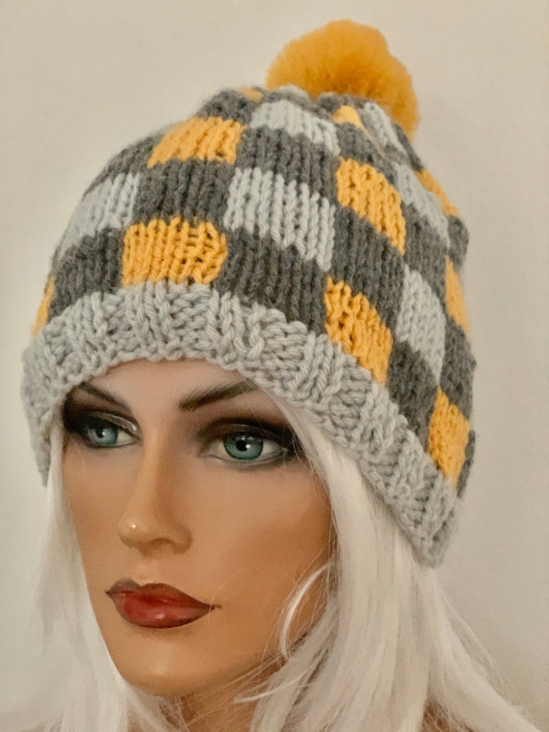 Hand Knits 2 Love Beanie Hat Cap Plaid Faux Fur Pom Pom Designer Winter Cozy Hand Knits 2 Love Hat Beanie Cap Plaid Faux Fur Pom Pom  main image 3