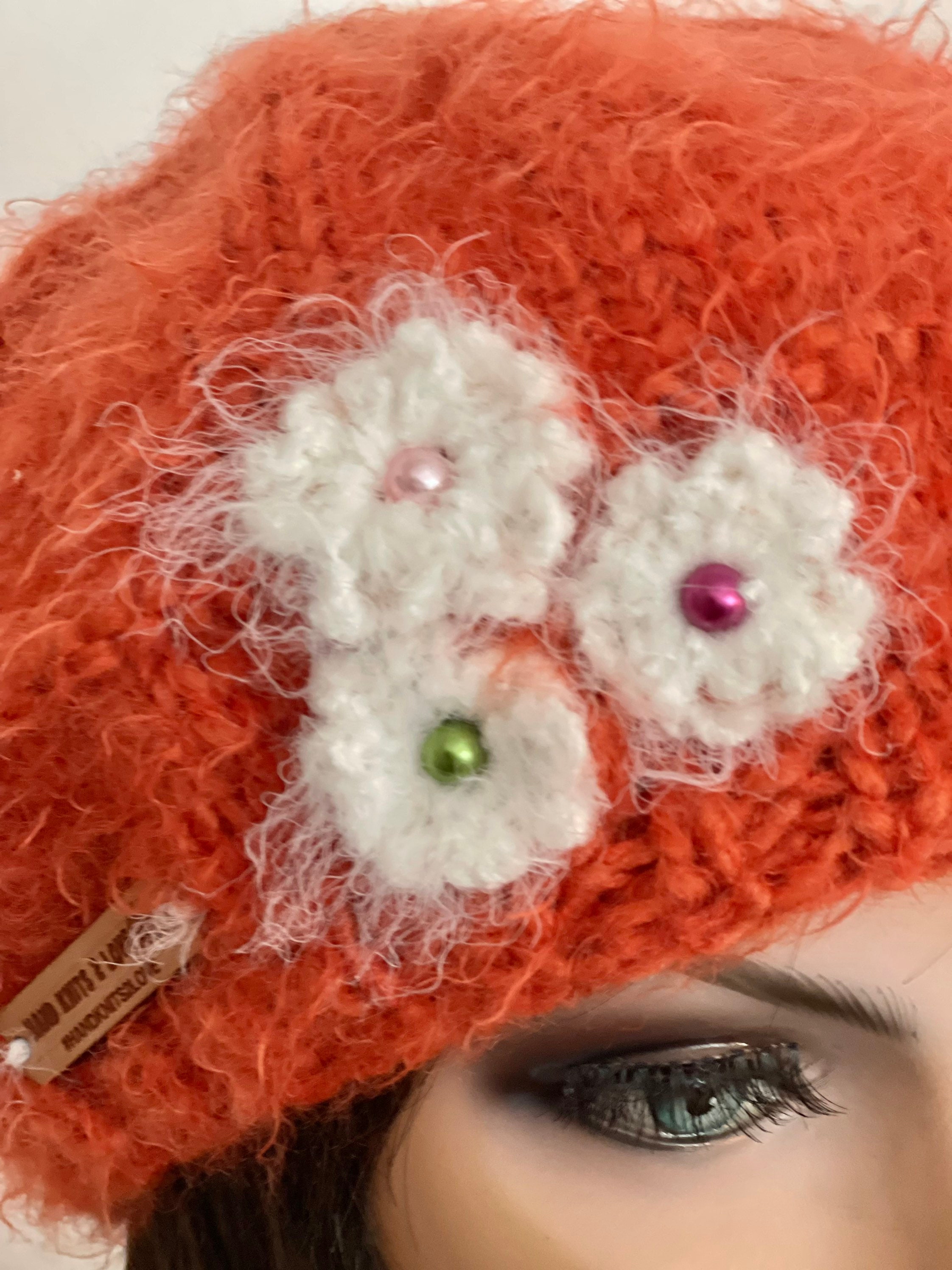 Hand Knits 2 Love Slouch Beanie Hat Cap Beret Flowers Beads 