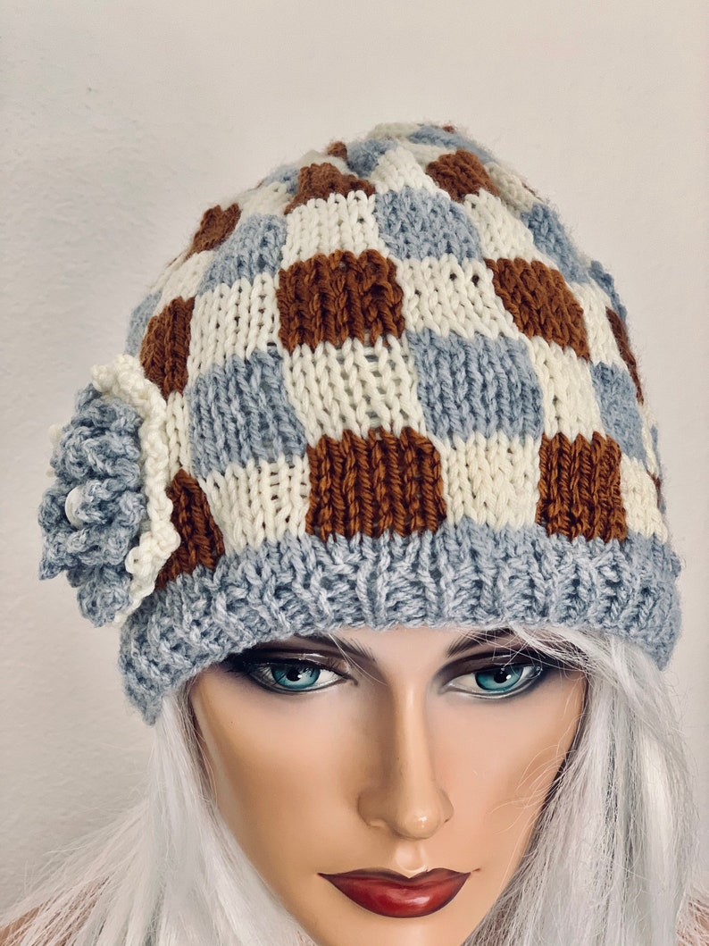 Hand Knits 2 Love Beanie Hat Slouch Cap Plaid Flower Checkers Designer Fashion Female Romantic F\u00e9minin Head Hair Chemo Gift Winter Ski Snow