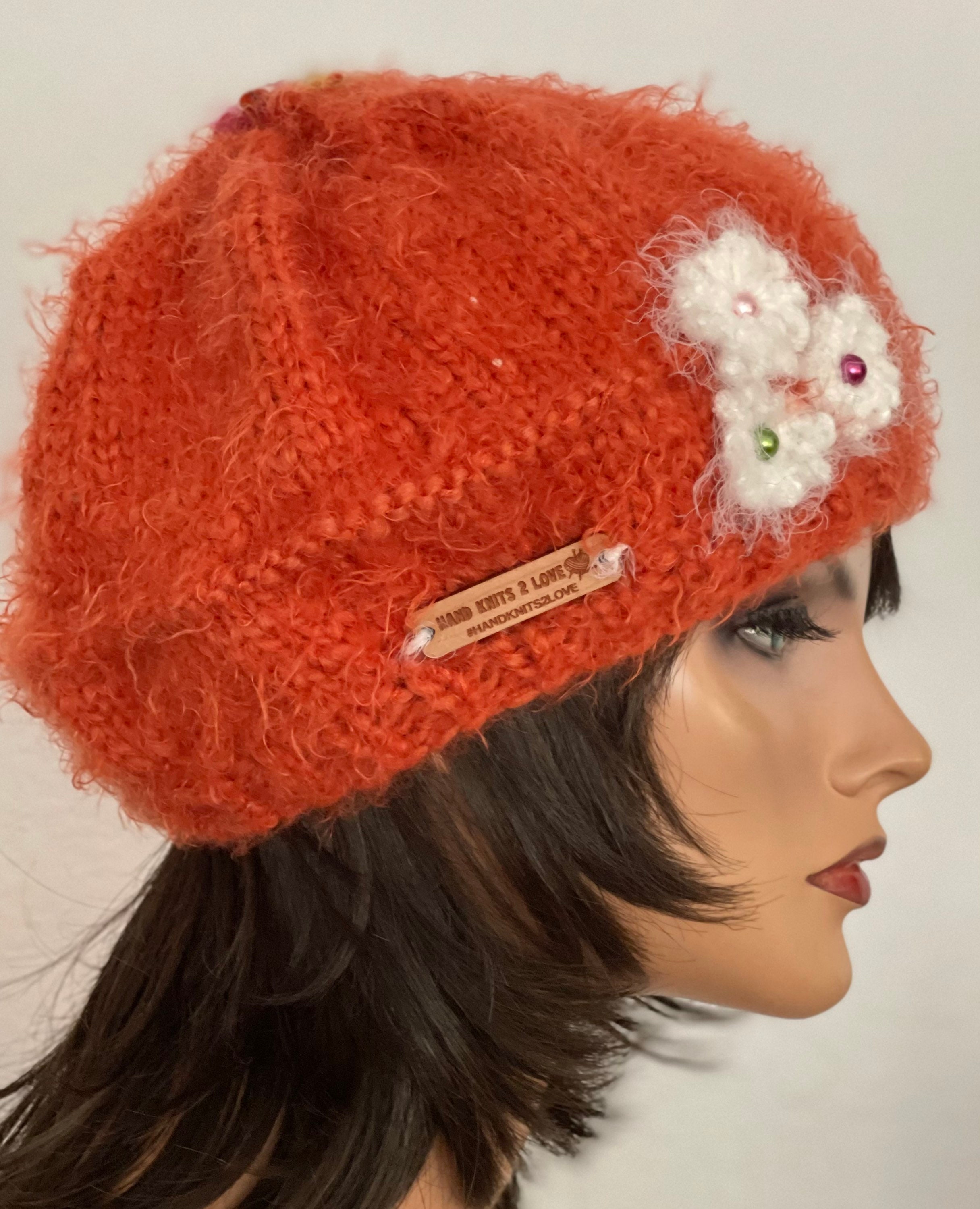 Hand Knits 2 Love Slouch Beanie Hat Cap Beret Flowers Beads  display picture 1