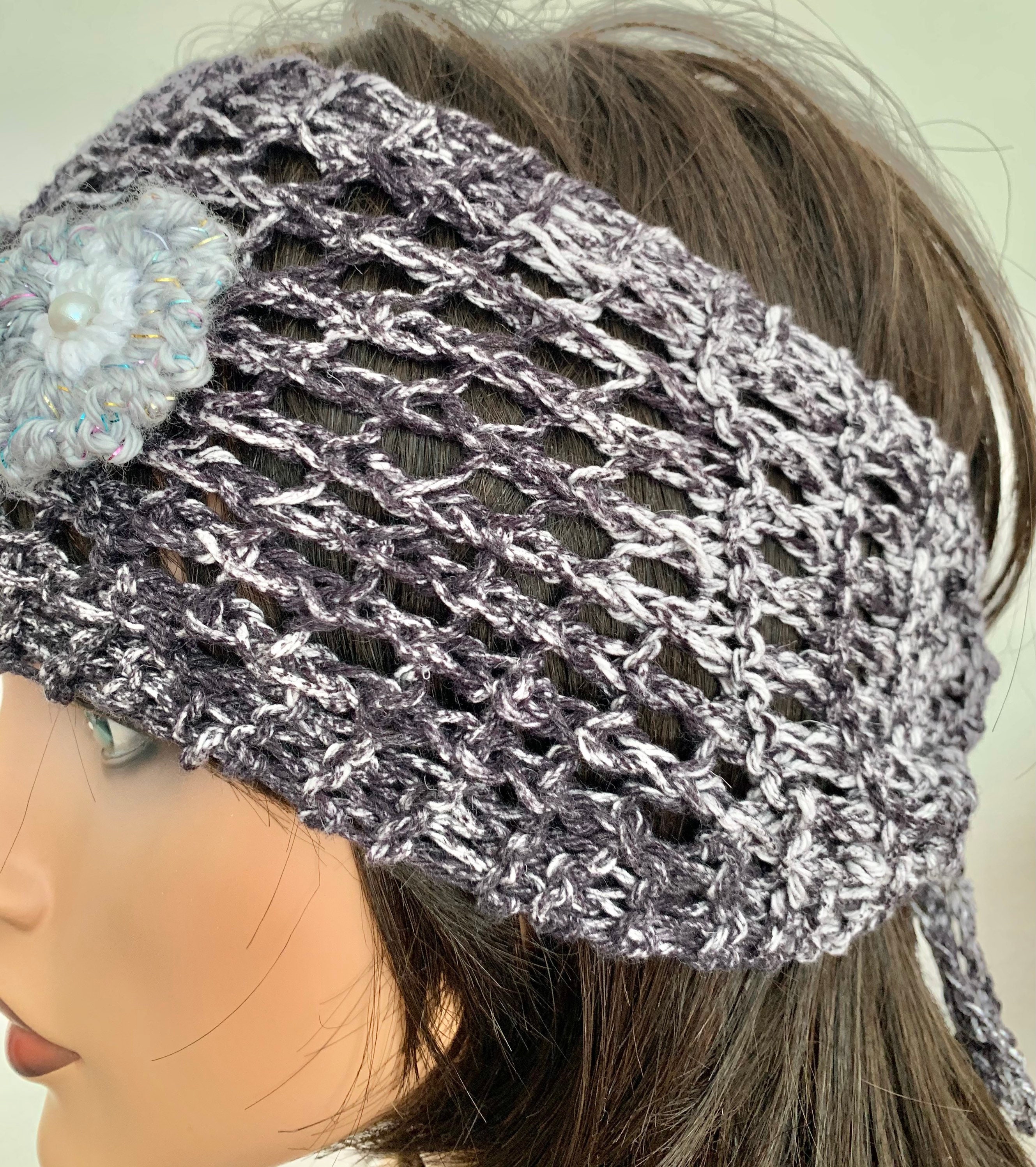 Hand Knits 2 Love Headband Bandana Headwrap Mercerized Black Cotton Flower Besds Hand Knits 2 Love Cotton Bandana Scarf Headband Headwrap  main image 4