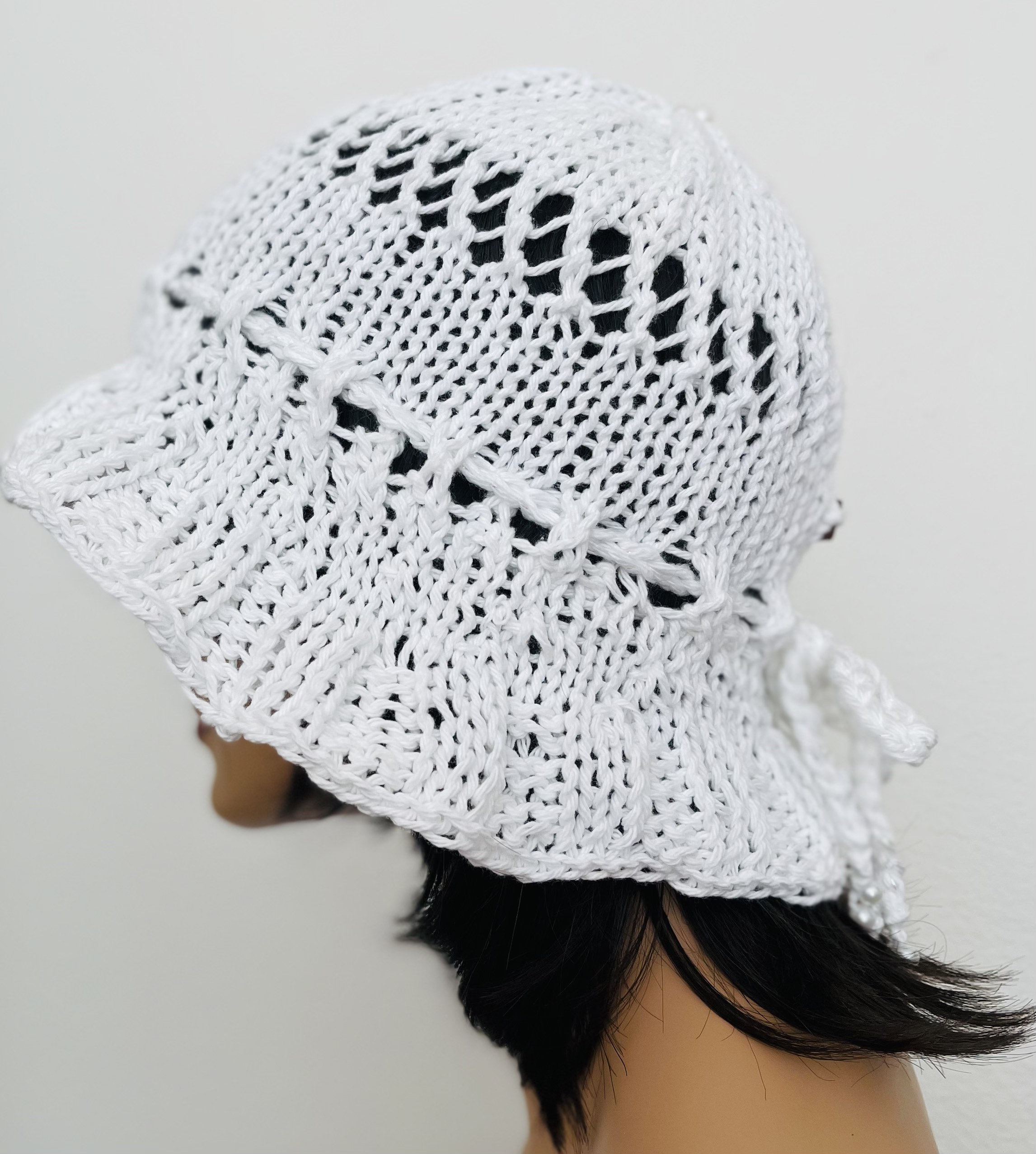 Hand Knits 2 Love Cotton White Brim Hat Cap Lace Pearl Beads  display picture 3