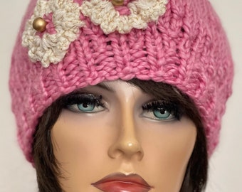 Hand Knits 2 Love Beanie Hat Cap Flowers Beads Pink Designer  display picture 3
