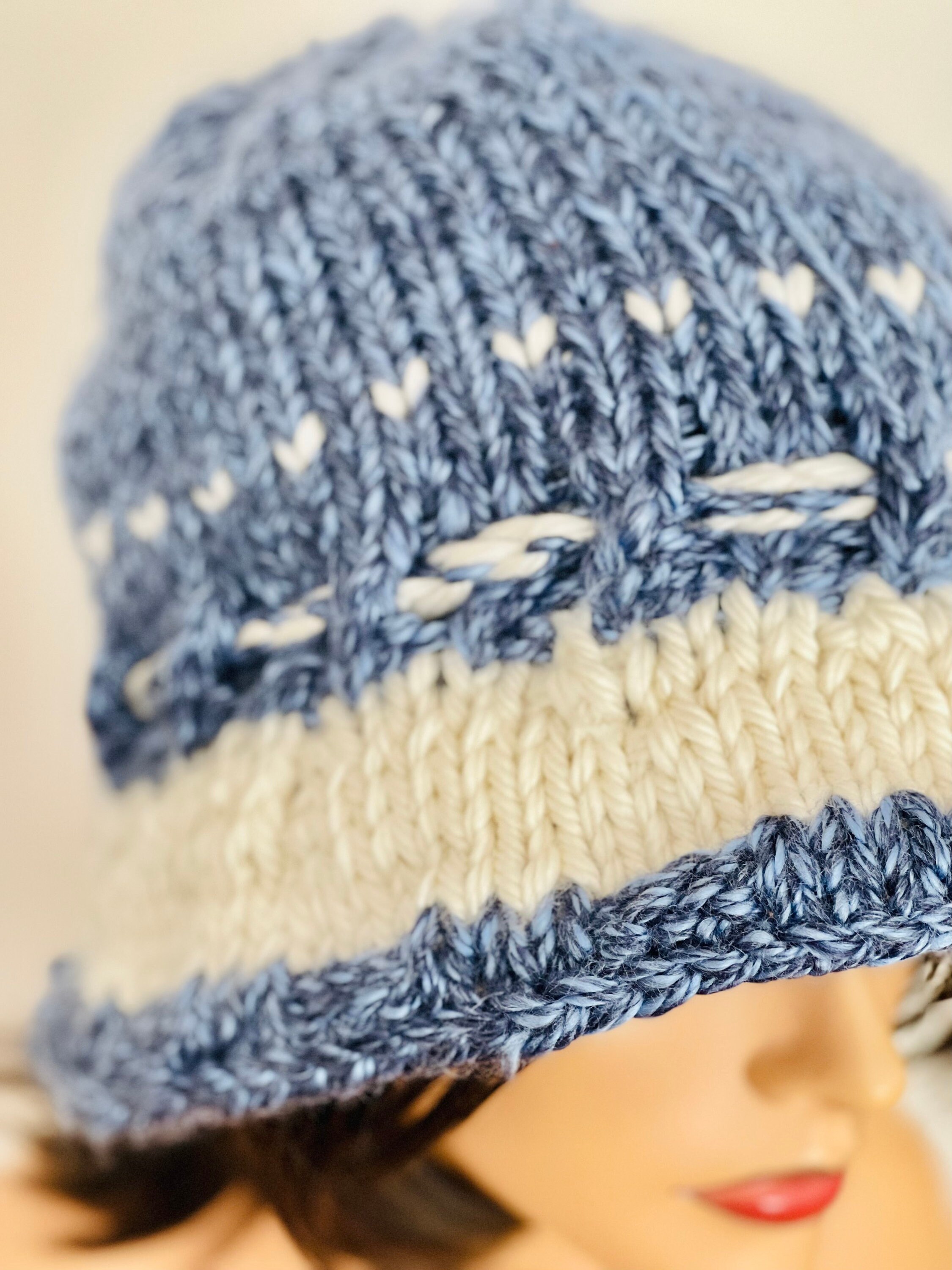 Hand Knits 2 Love Brim Hat Cap Beanie Ombre Blues Braids Pearls Designer Gift Hand Knits 2 Love Cotton Brim Hat Cap Ombre Blues off Ehite  main image 4