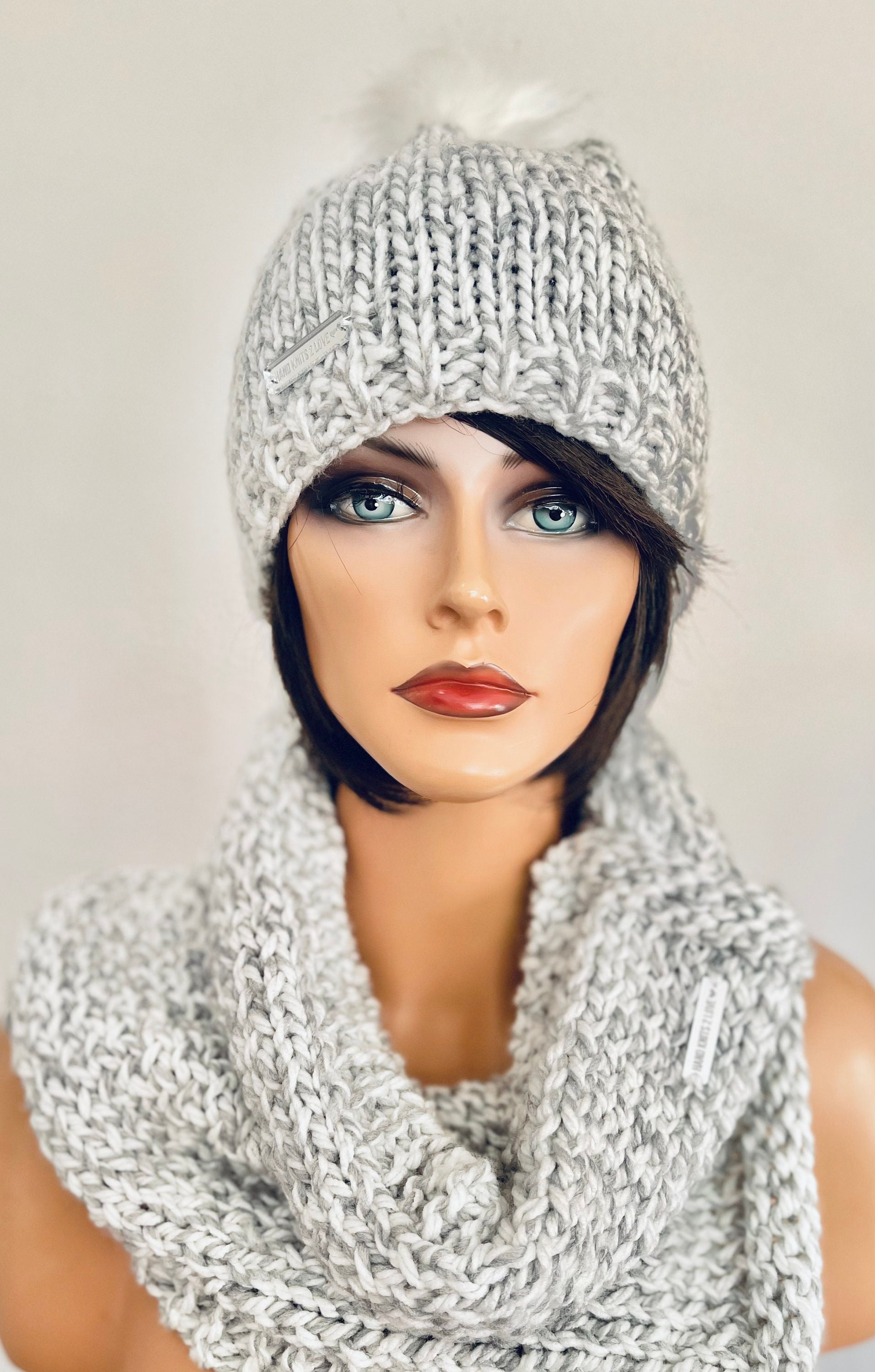 Hand Knits 2 Love Set Beanie Hat Cap Neck-warmer Scarf Faux Fur Pom Pom Designer Hand Knits 2 Love Hoodie Scarf Cowl Neck Warmer Hat Beanie  main image 3