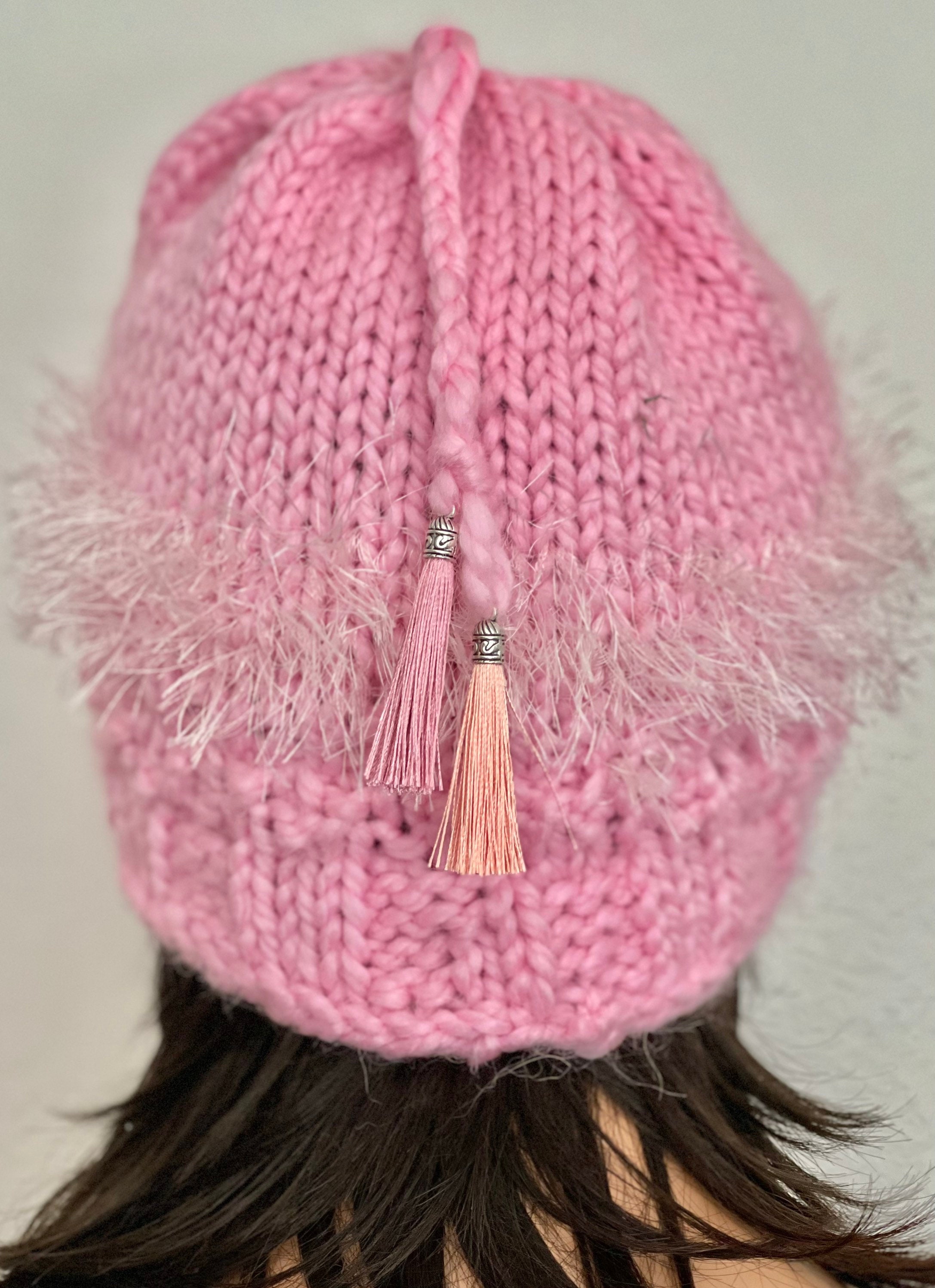 Hand Knits 2  Love Bucket Hat  Beanie Cap Pink Tassels Designer Original Fashion Hand Knits 2 Love Hat Bucket Beanie Cap Pink Tassels  main image 2