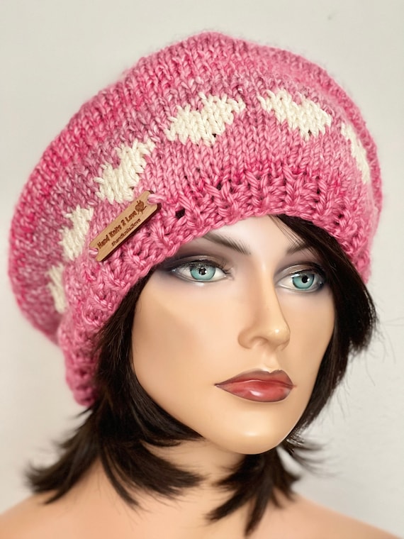 Hand Knits 2 Love Slouch Beanie Hat Ombré Pink  Faux Fur Pom Pom Designer Hearts Hand Knits 2 Love Beanie Hat Slouch Ombré Faux Fur Pom Pom  main image 3