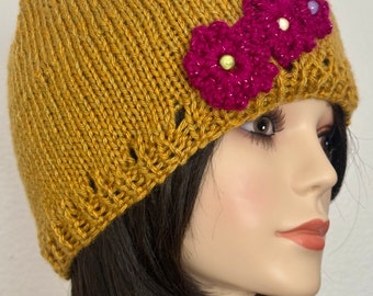 Hand Knits 2 Love Beanie Slouch Hat Cap Flowers Decorative  display picture 2