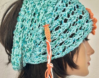 Hand Knits 2 Love Cotton Headband Headwrap Bandana Lace Flowers Cotton Mint Hip Hand Knits 2 Love Cotton Bandana Headband Scarf Flower Beads  main image 2