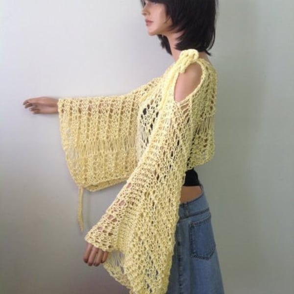 Hand Knit Cotton Lace Shrug Halter Shawl Wrap Yellow Sunhine Spring Summer Hip Bohemian Chic