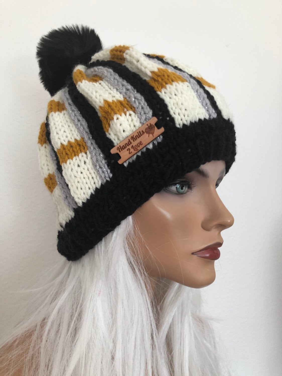 Hand Knits 2 Love Brim Hat Cap Beanie Designer Checkered Tie Black White Hand Knits 2 Love Hat Beanie Cap Brim Designer Checker Tie  main image 4