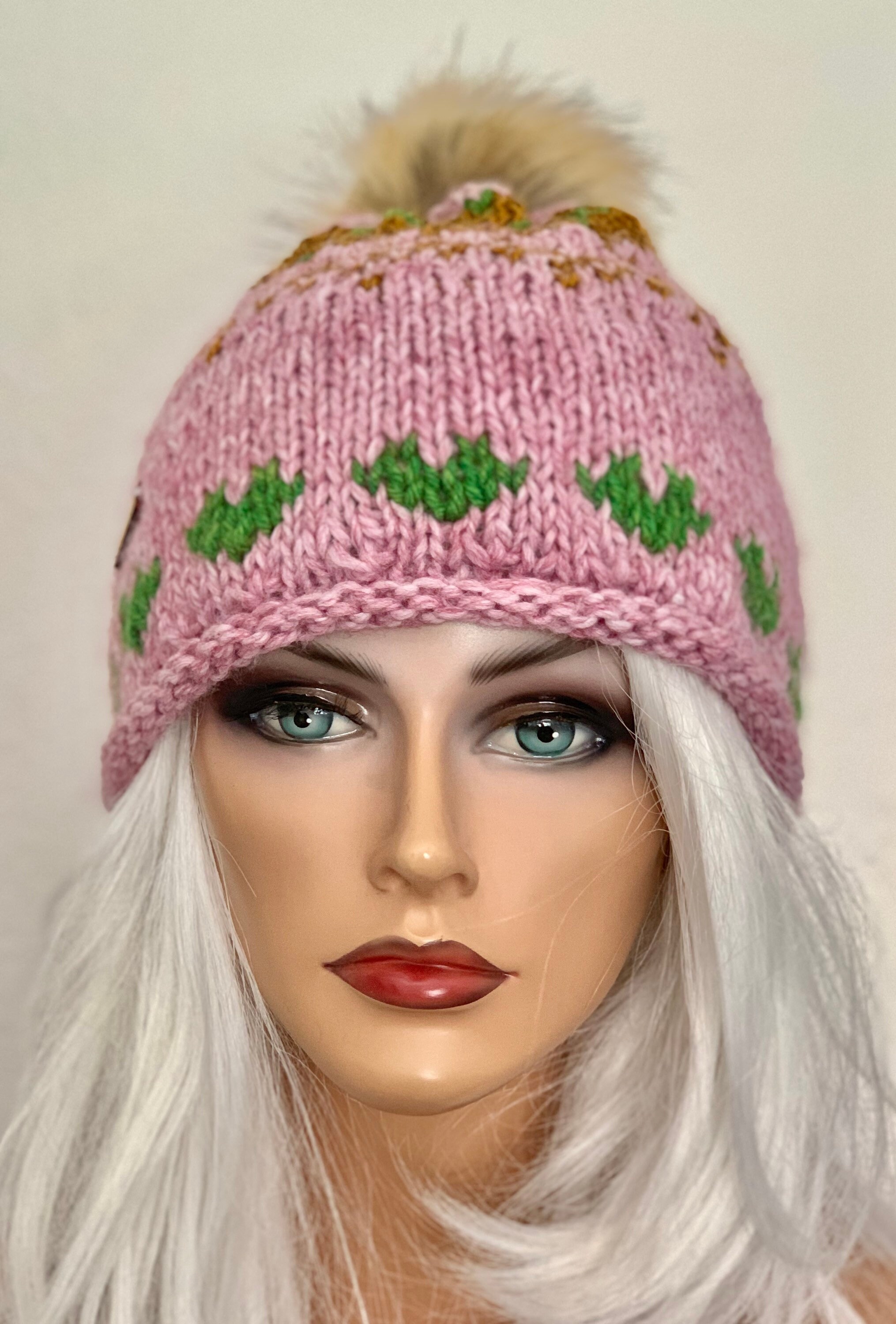Hand Knits 2 Love Beanie Hat Cap Fair-isle Hearts Faux Fur  display picture 3