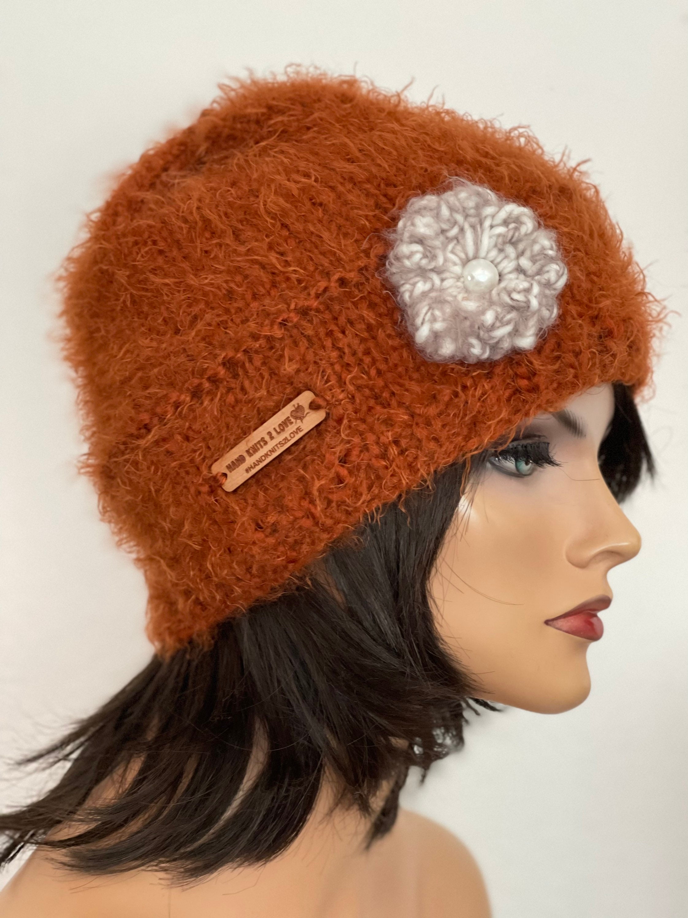 p잰Love Flower piercing beanie Hand Knits 2 Love Beanie Hat Cap Flower Pearl Rust Burnt