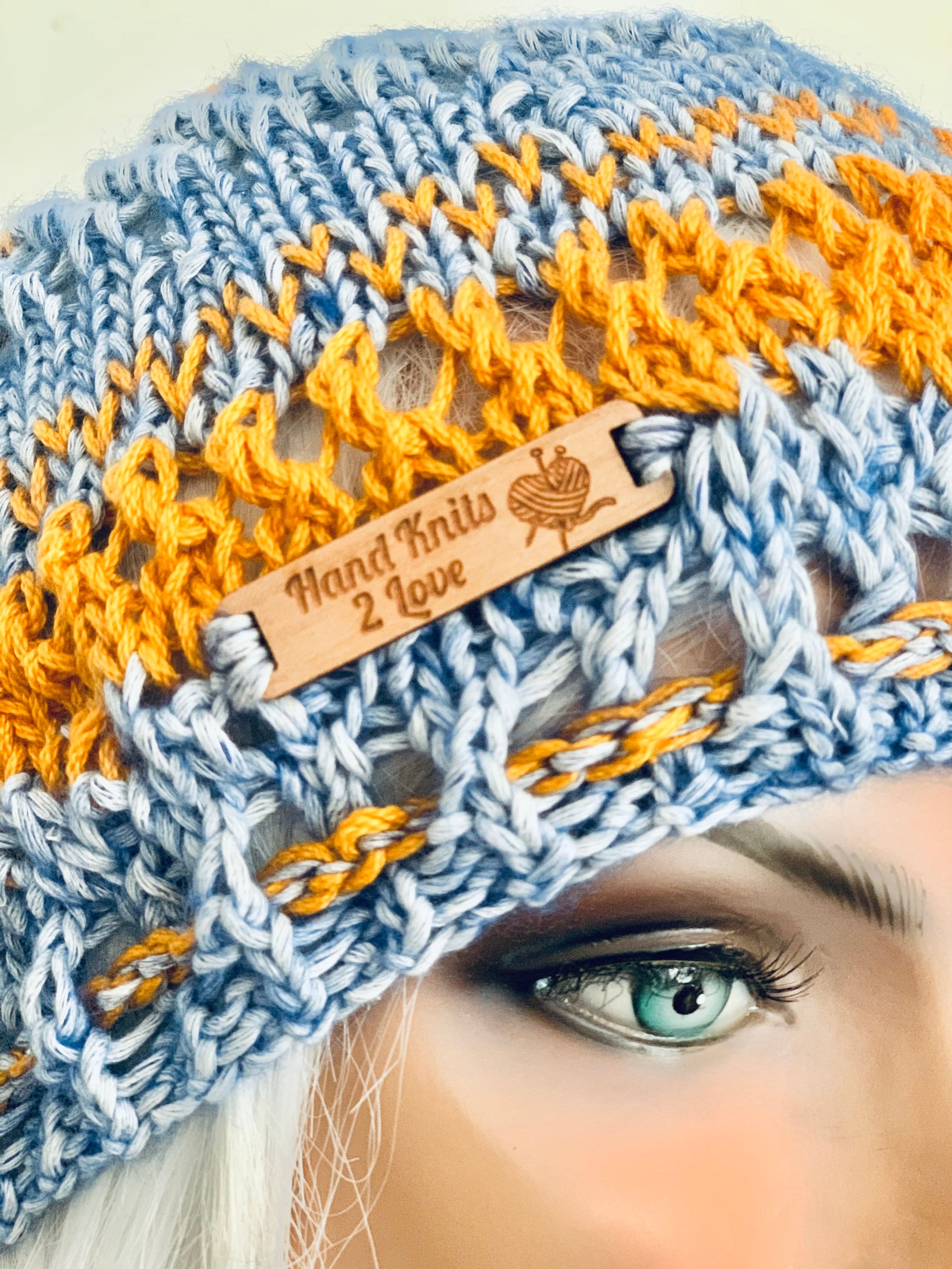 Hand Knits 2 Love Slouch Hat Beanie Cap Adjustable Fit Designer Navy White Gold Hand Knits 2 Love Cotton Slouch Hat Beanie Beret Cap Tam  main image 2