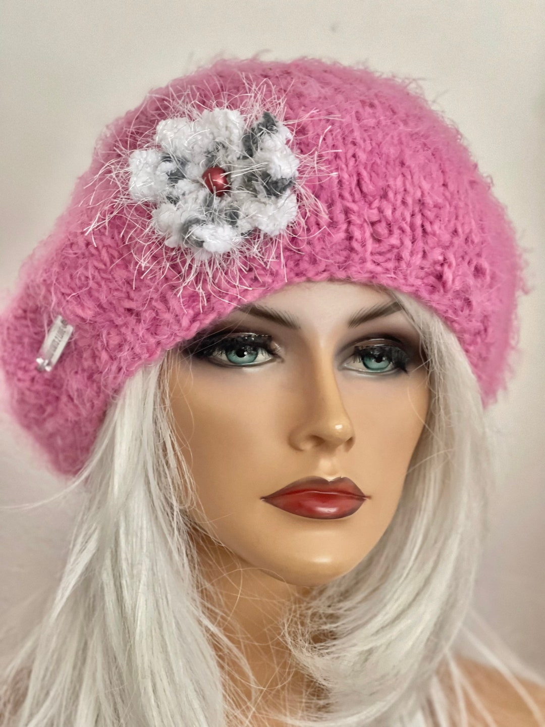 Hand Knits 2 Love Slouch Beanie Gat Neckwarmer Flower Beads Designer Black Pink Hand Knits 2 Love Slouch Beanie Hat Cap Chemo Flower Bead  main image 4