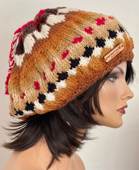 Hand Knits 2 Love Slouch Hat Beanie Cap Designer Multicolors Decorative Bead Hip Hand Knits 2 Love Beanie Slouch Hat Cap Plaid Checkers  main image 3