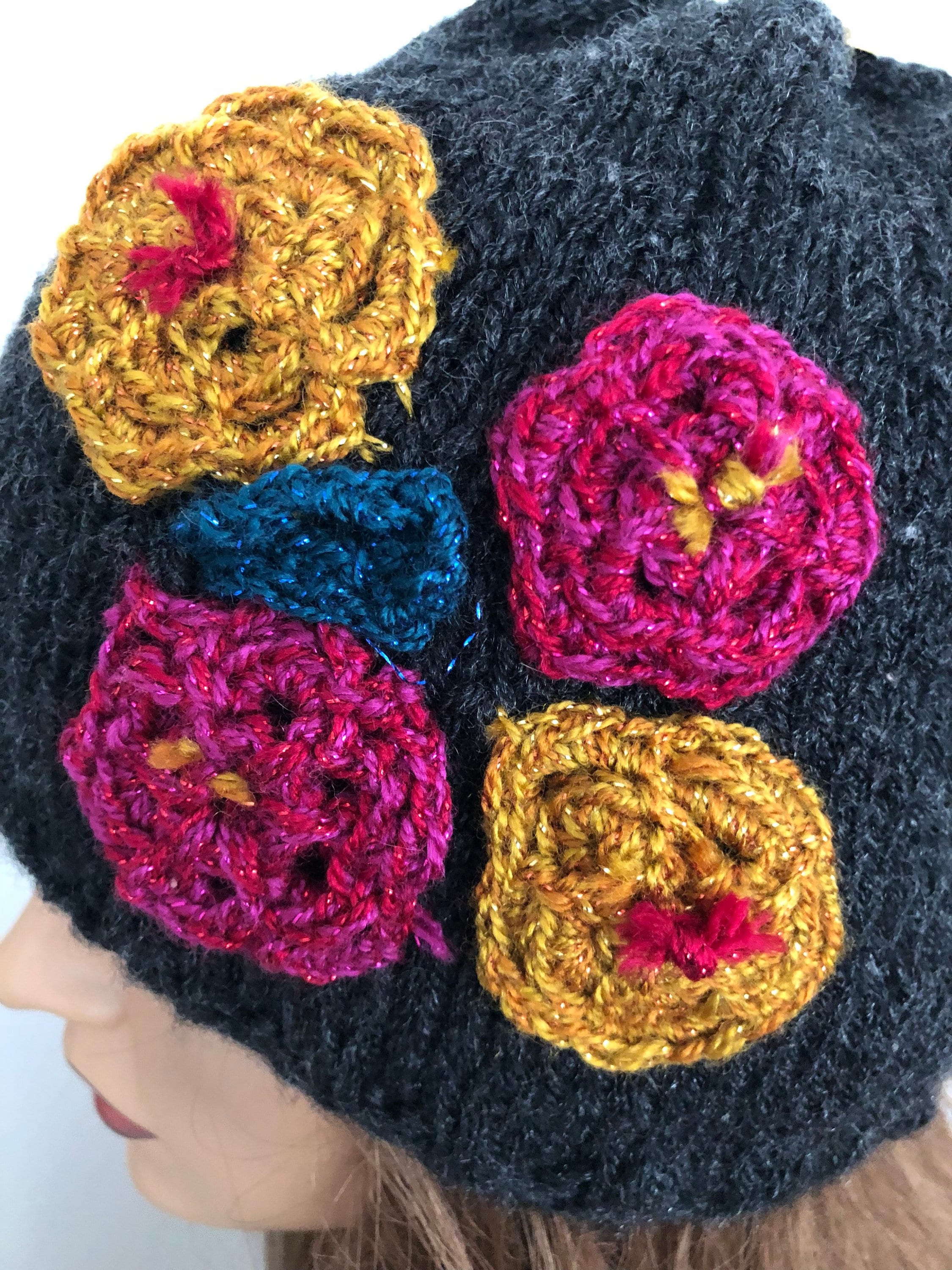 Hand Knits 2 Love Beanie Hat Cap Plaid Flowers Hip Hand Knits 2 Love Hat Beanie Cap Flowers Gold Designer  main image 2