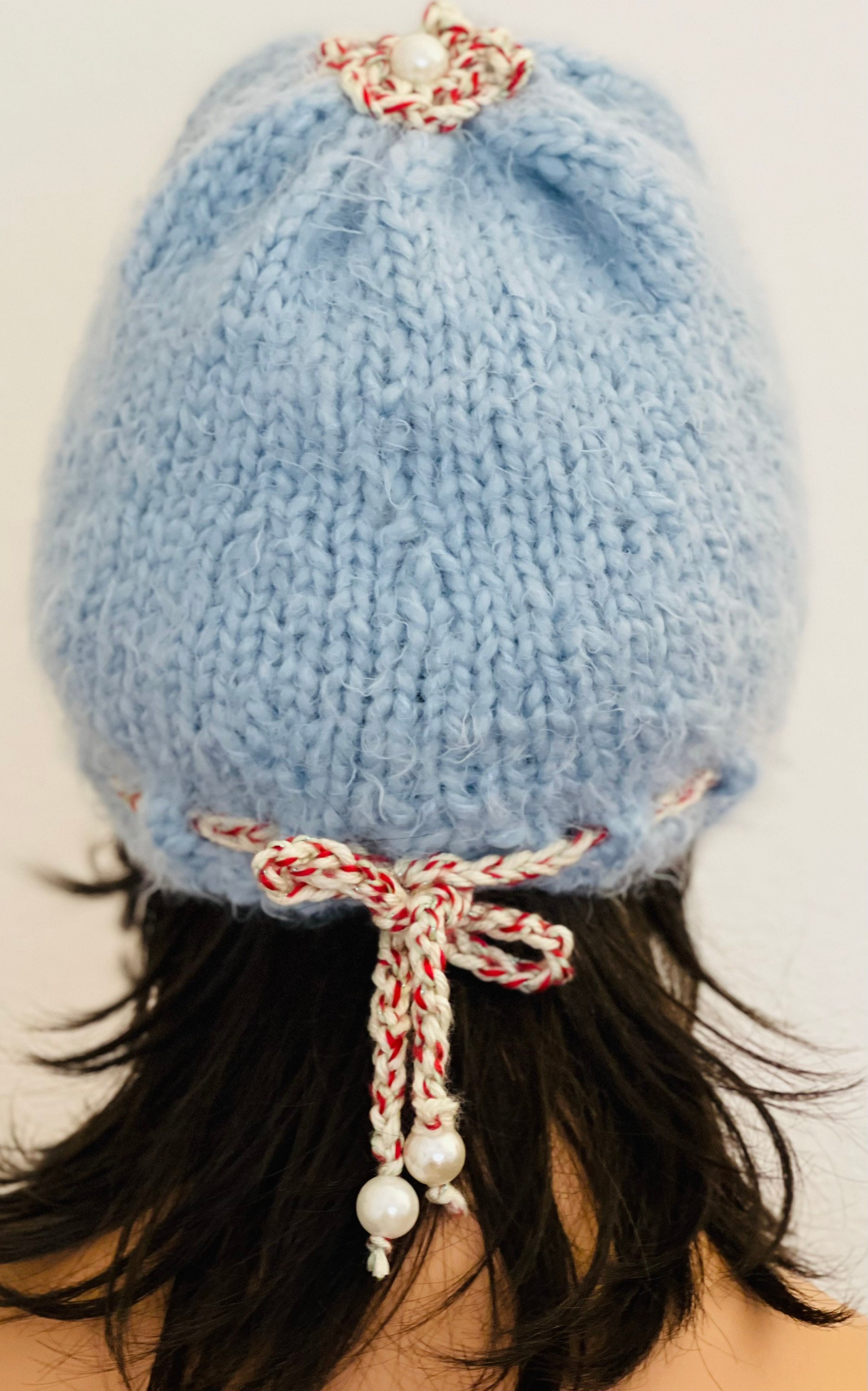 Hand Knits 2 Love Hat Beanie Cap Flowers Pearl Beads Sky 