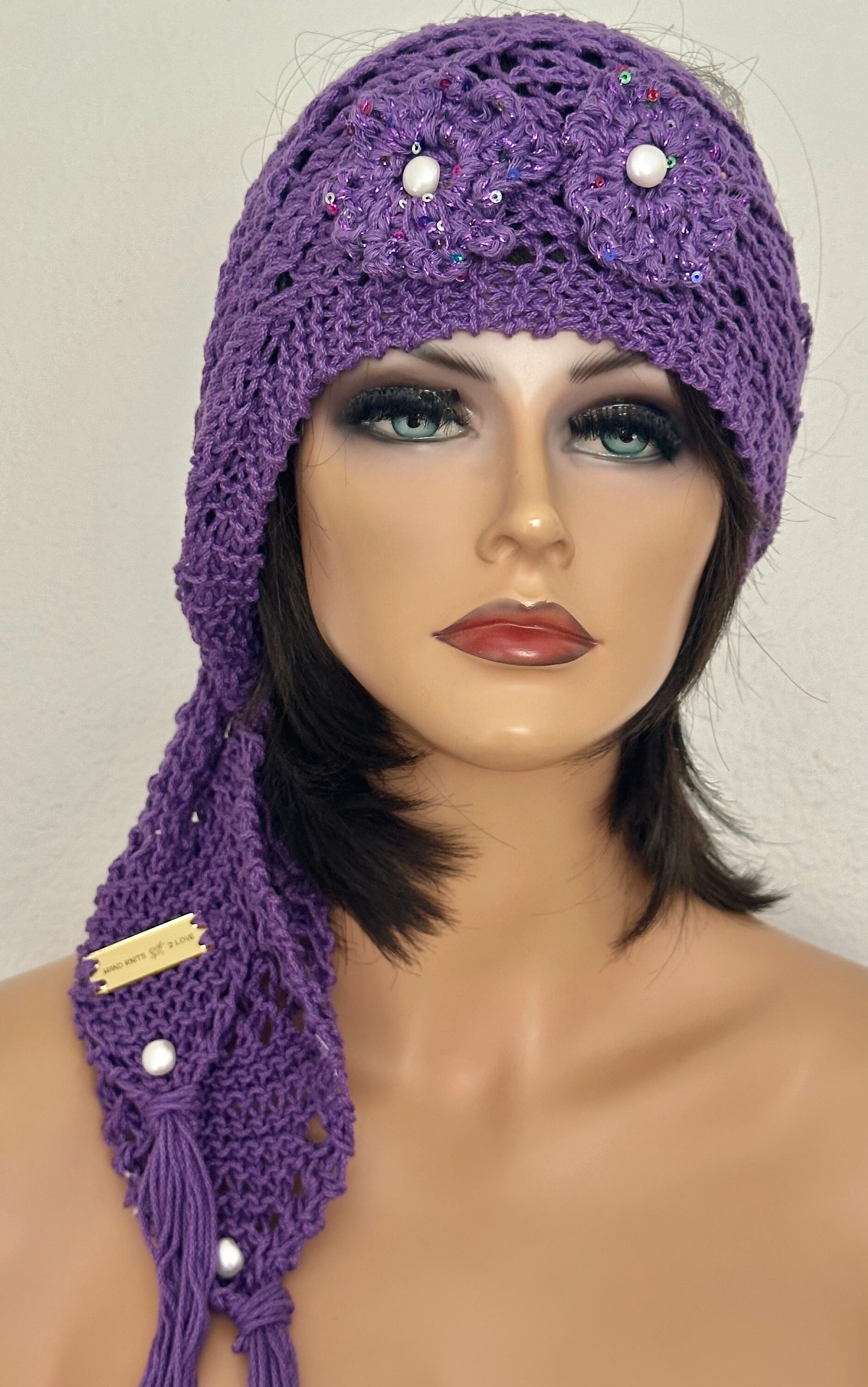 Hand Knits 2 love Cotton Headband Bandana Headwrap Flowers Tassels Purple Chic Hand Knits 2 Love Cotton Bandana Scarf Headband Headwrap  main image 2