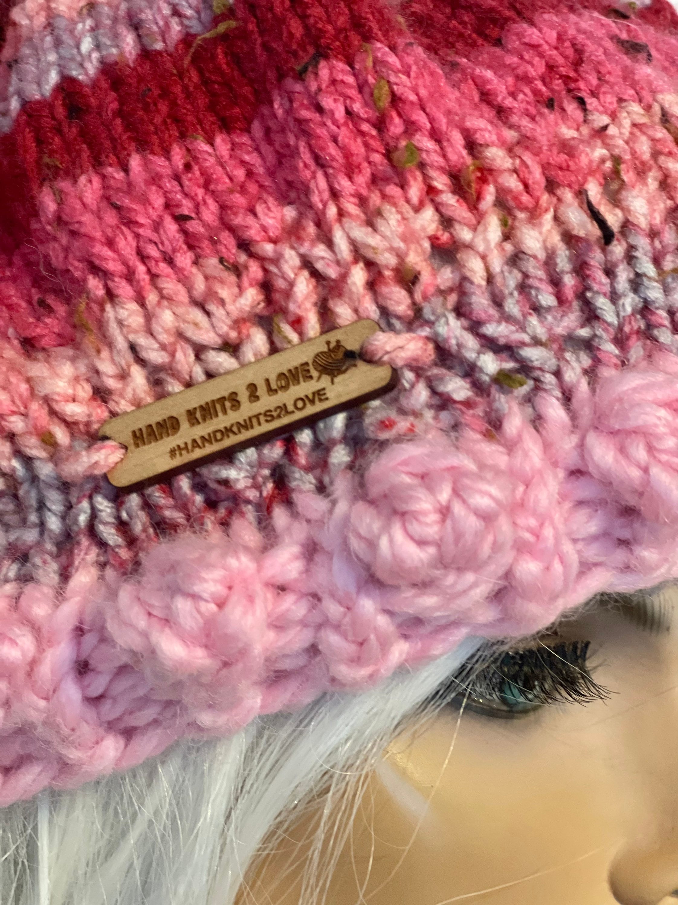 Hand Knits 2 Love Beanie Hat Cap Bubbles/ Flower Buds Pearls Designer Tweed Pink Hand Knits 2 Love Beanie Hat Cap Flowers Beads Pink Designer  main image 3