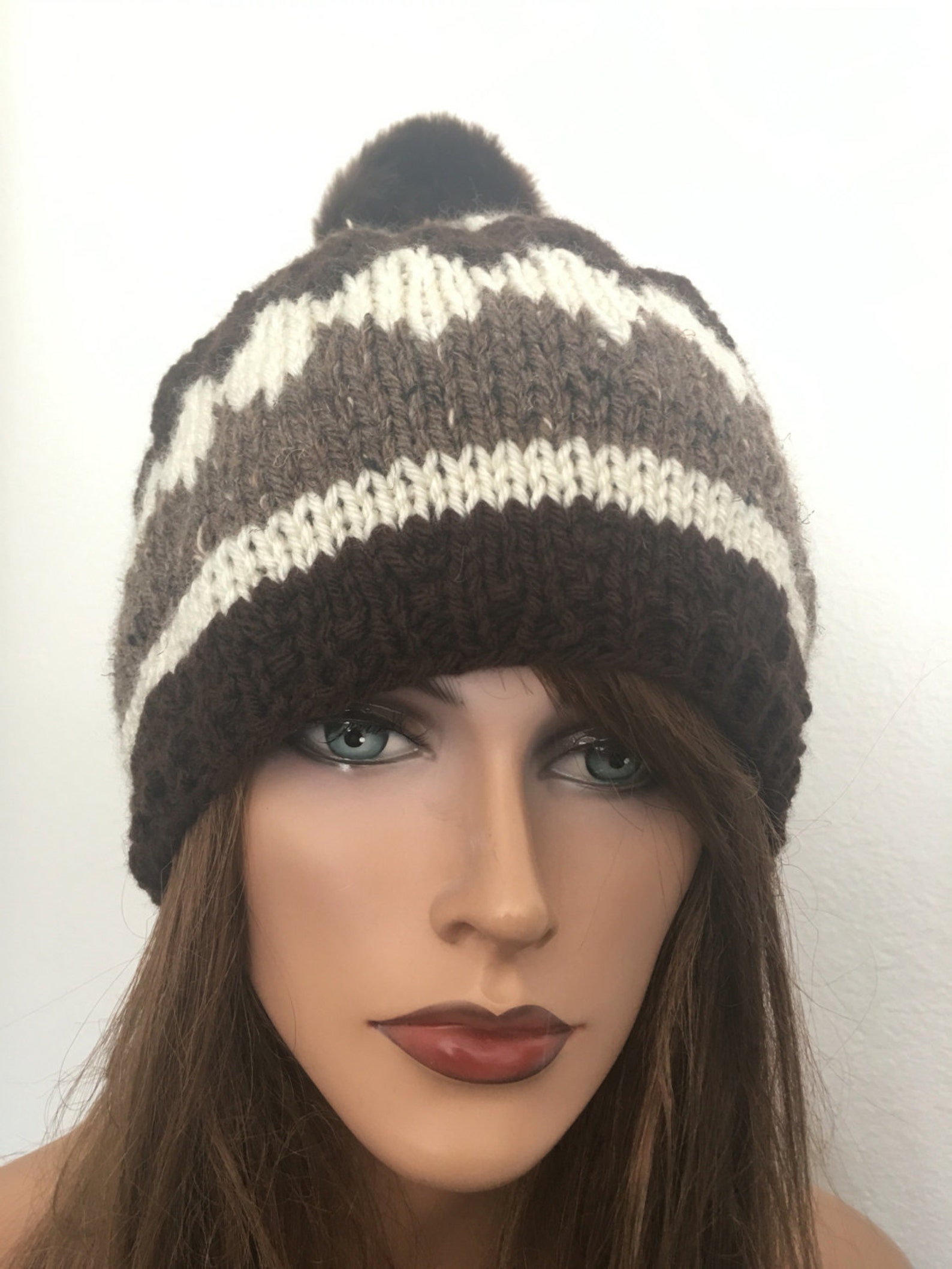 Hand Knit Beanie Slouch Hat Cap Chemo Designer Fadhion Faux Fur Pom Pom Hip Winter Ski Female