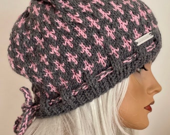 Hand Knits 2 Love Beanie Hat Cap Fair-isle Designer Adjustable Fit Pink Grey Hip Hand Knits 2 Love Beanie Hat Cap Fair-isle Designer Fashion  main image 3