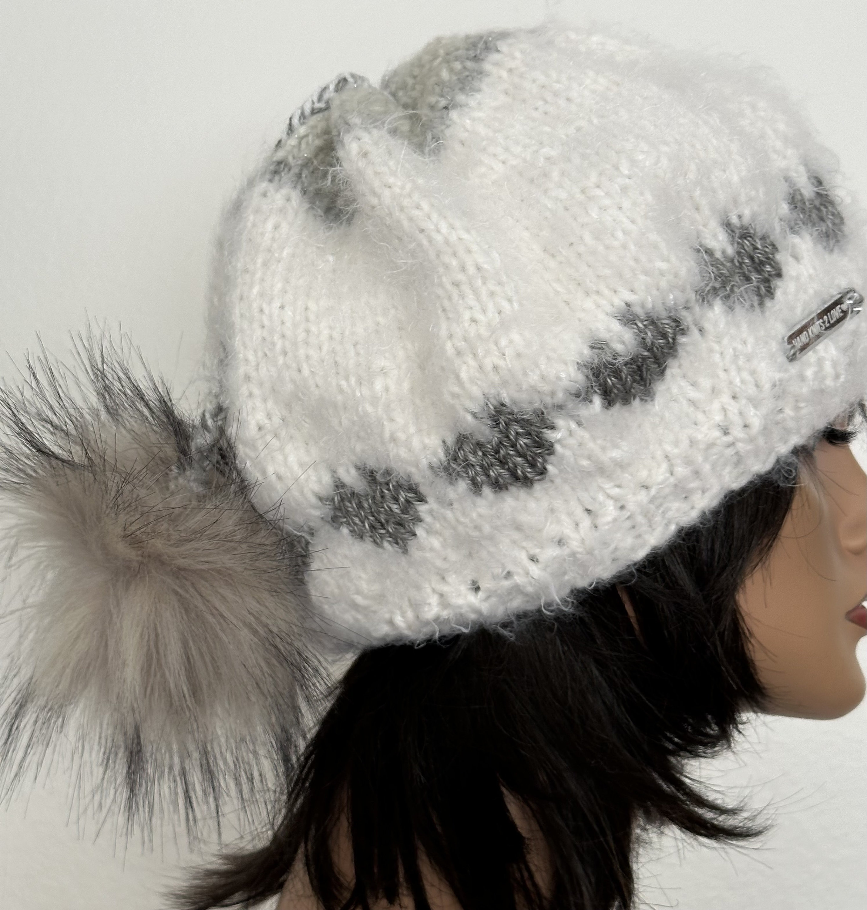 Hand Knits 2 Love Hat Beanie Slouch Cap Fair-isle Silver  display picture 1