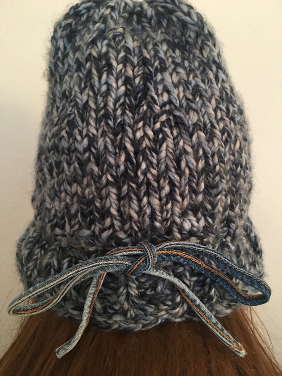Hand Knits 2 Love Hat Beanie Valance Brim Denim Jeans Blue  display picture 3