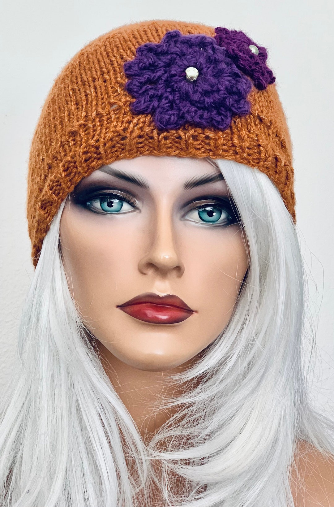 Hand Knits 2 Love Beanie Hat Cap Flowers Beads Designer  display picture 1