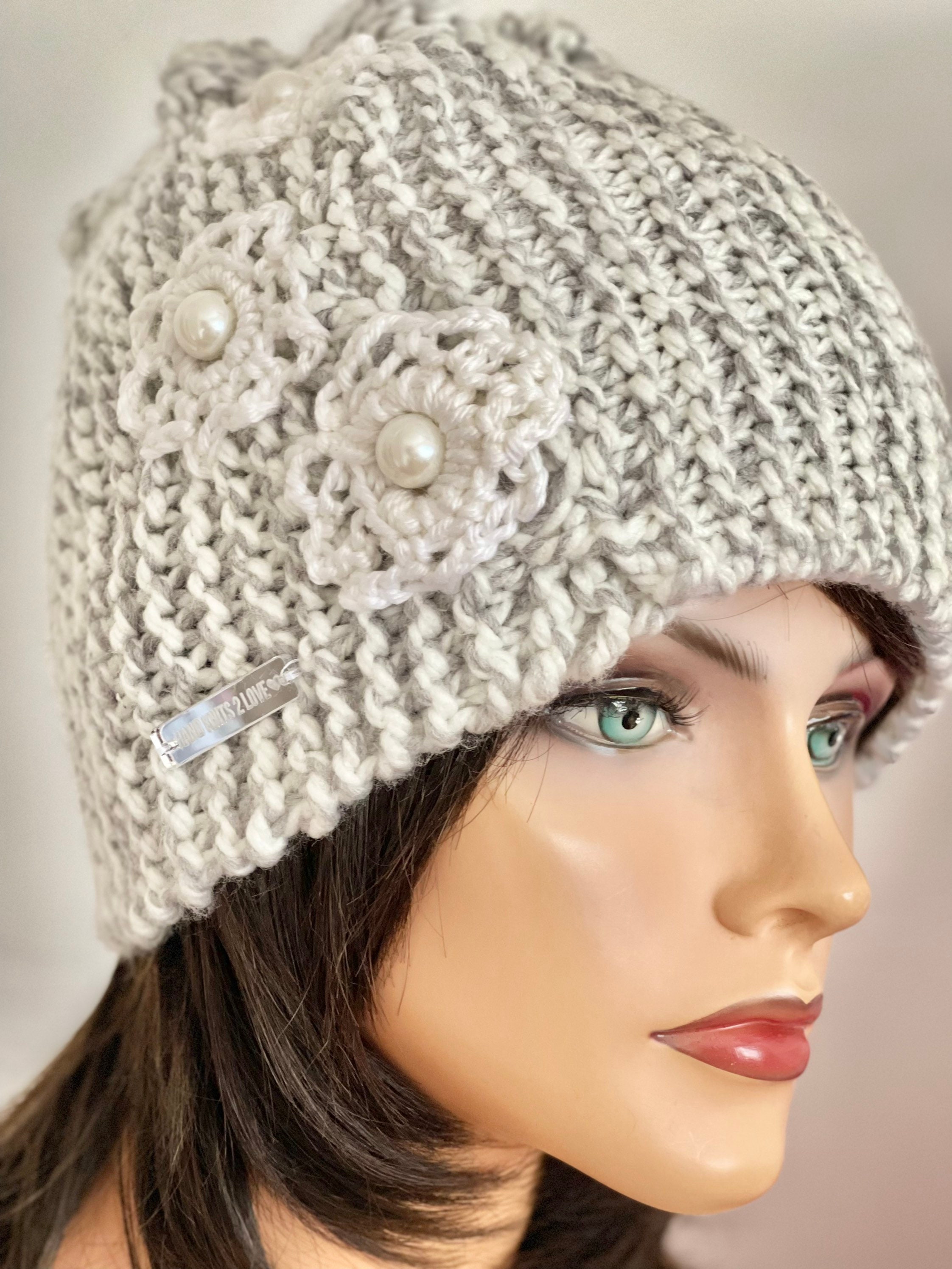 Hand Knits 2 Love Beanie Hat Cap Flowers Beads Rustic Designer Semi Chunky Ombré Summer Knit Beanie Pattern with Crochet Flower Pattern by  main image 2