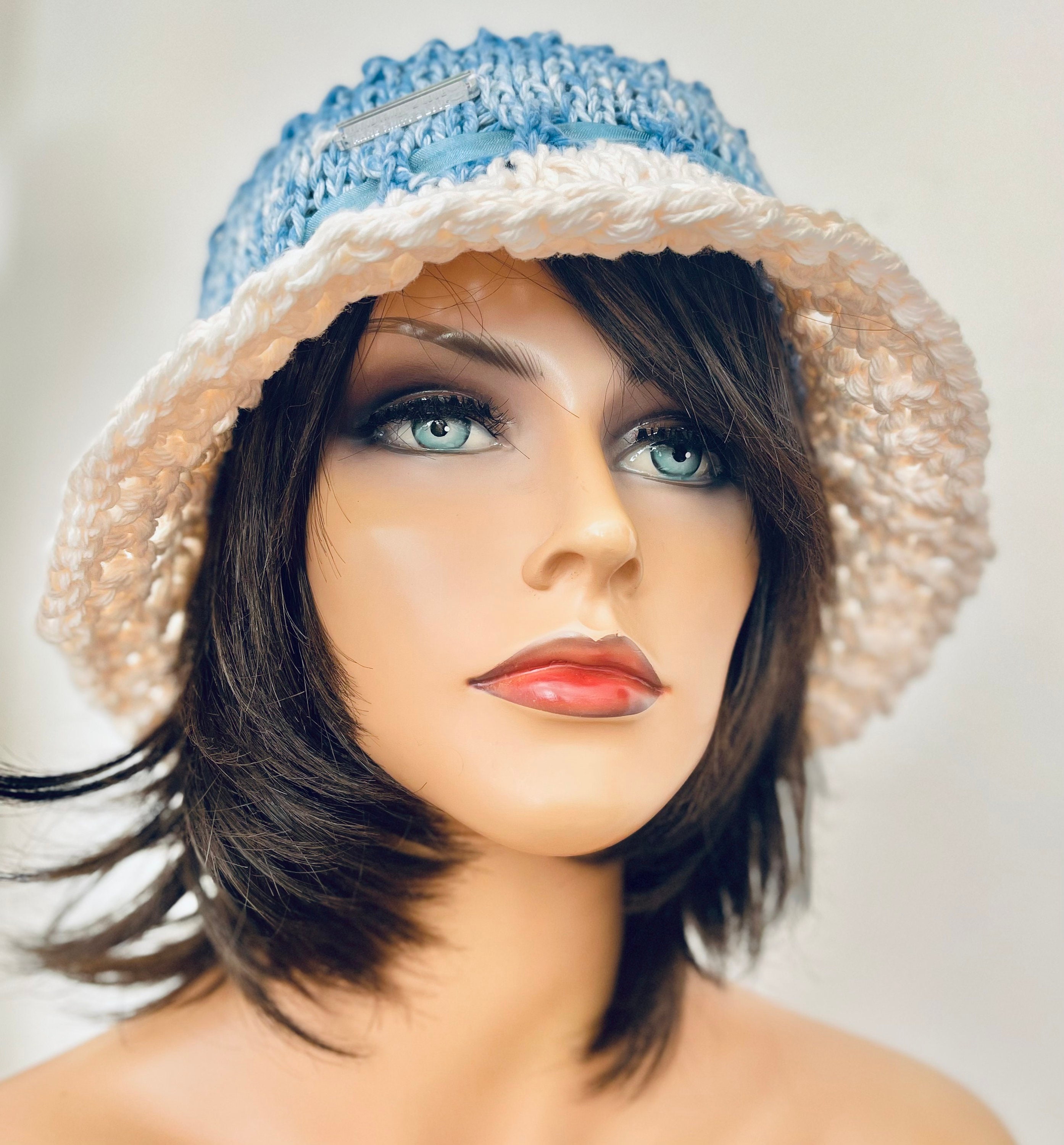 Hand Knits 2 Love Cotton Brim Hat Cap Ombre Blues off Ehite  display picture 1