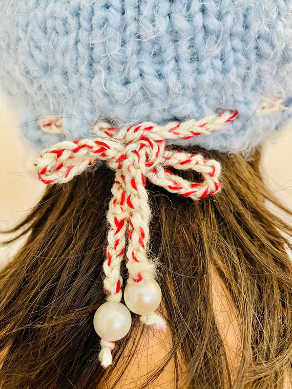 TWO Knit Beanies with Floral Bead Design Like New! Hand Knits 2 Love Hat Beanie Cap Flowers Pearl Beads Sky  main image 3