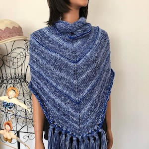 Hand Knits 2 Love Shawl Wrap Designer Fashion Fringes Denim Blues Ombre Four Seasons Gift Birthday Shower Cowl Hip Western Female Soft Cozy image 6