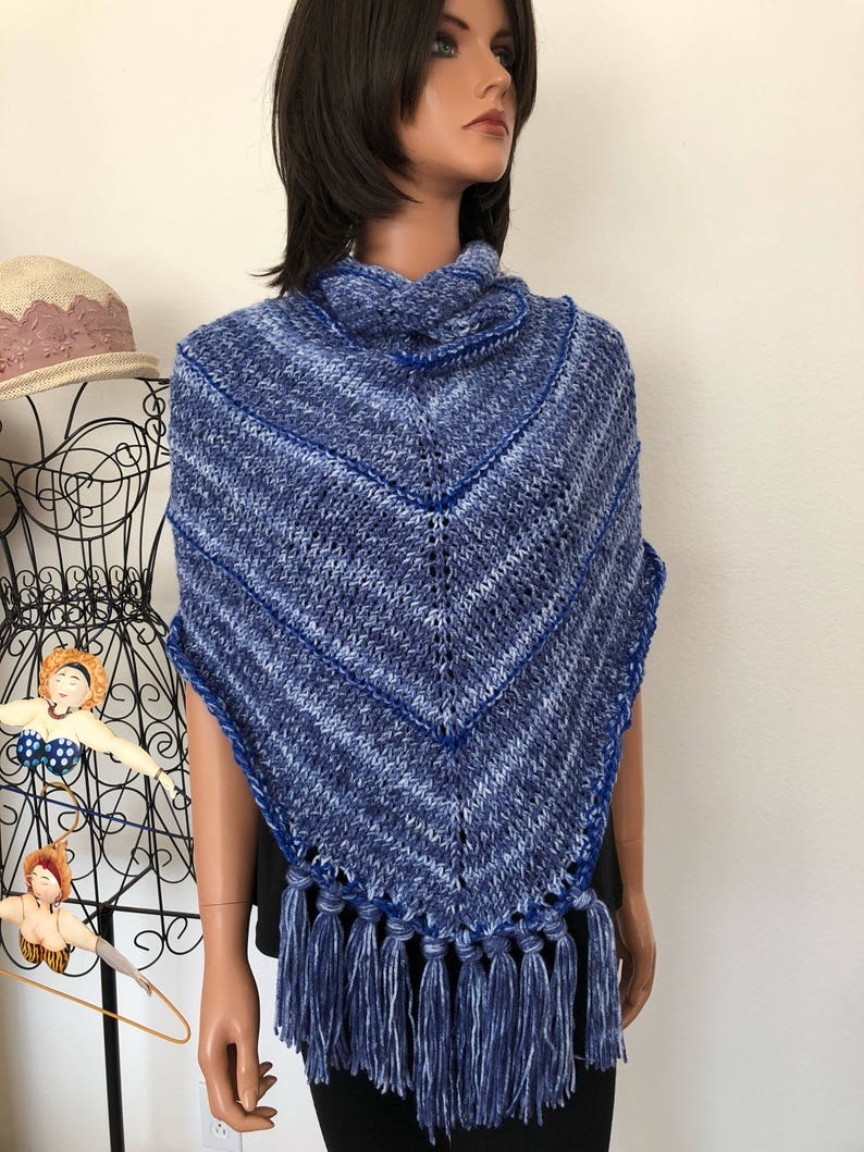 Hand Knits 2 Love Shawl Wrap Designer Fashion Fringes Denim Blues Ombre Four Seasons Gift Birthday Shower Cowl Hip Western Female Soft Cozy image 6