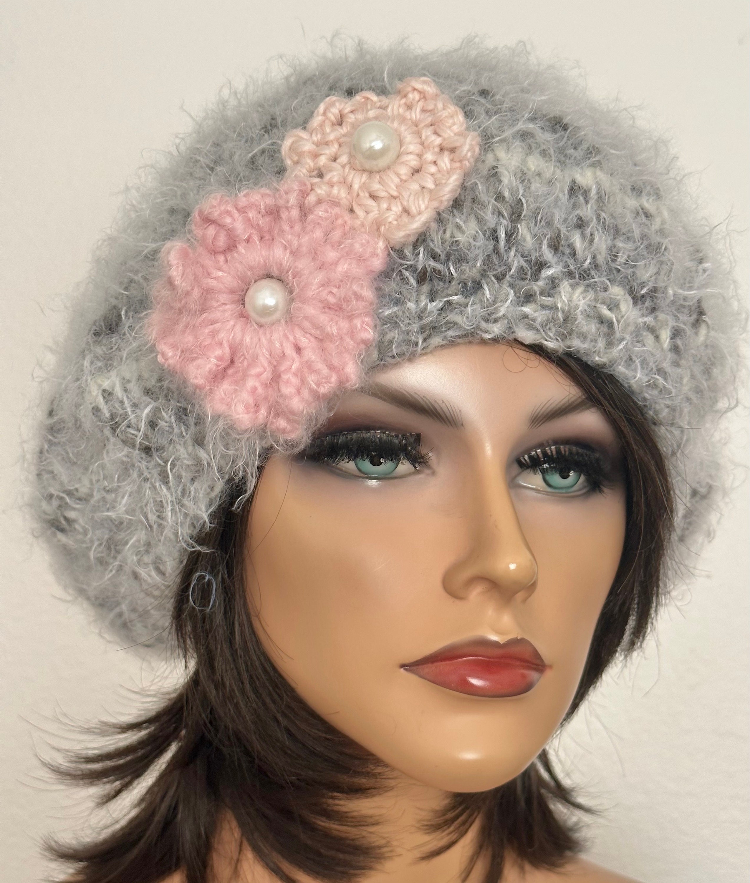 Hand Knits 2 Love Slouch Beanie Hat Cap Beret Flowers Pearls 