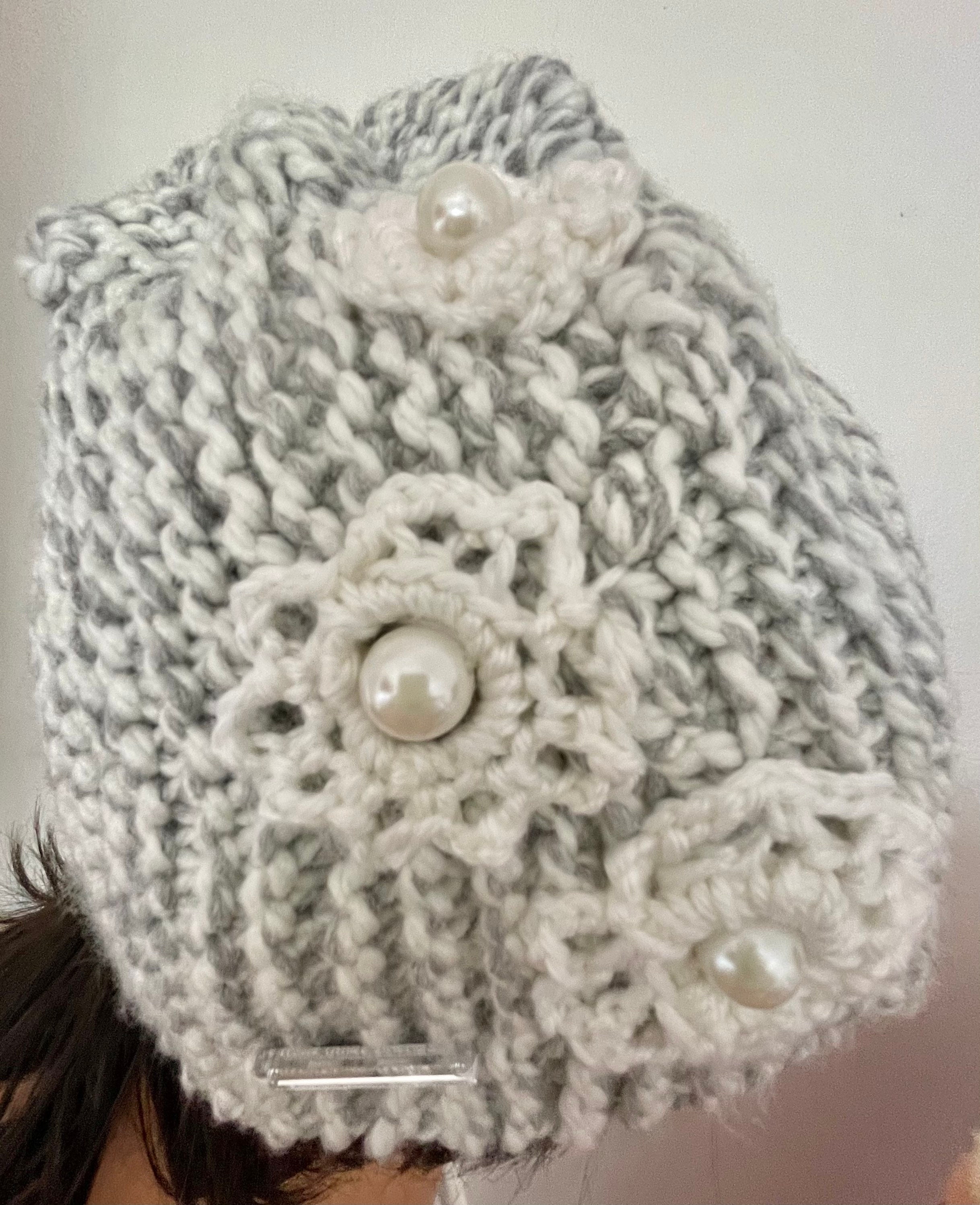 Hand Knits 2 Love Beanie Hat Cap Flowers Pearl Beads 
