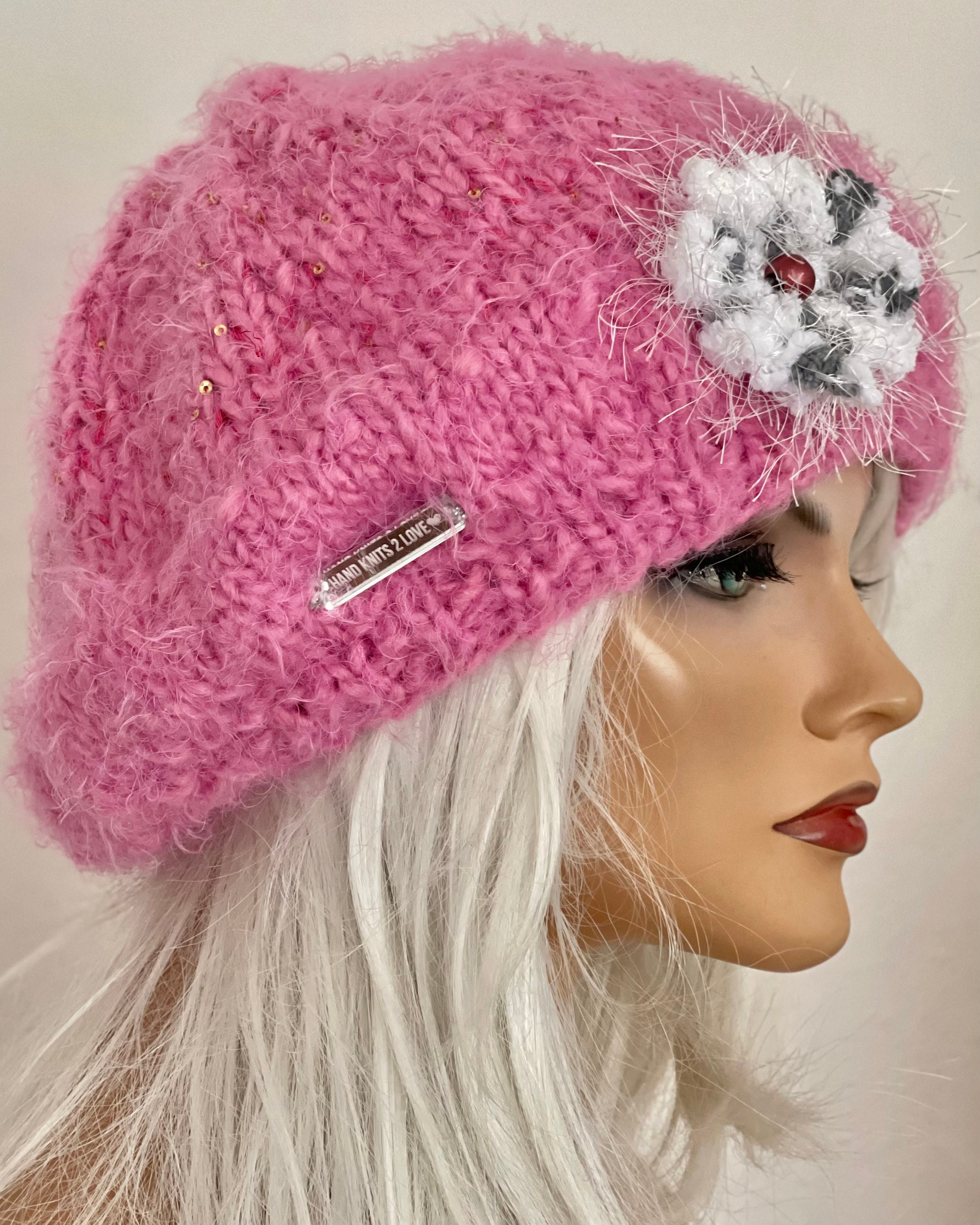 Hand Knits 2 Love Slouch Beanie Hat Cap Chemo Flower Bead 