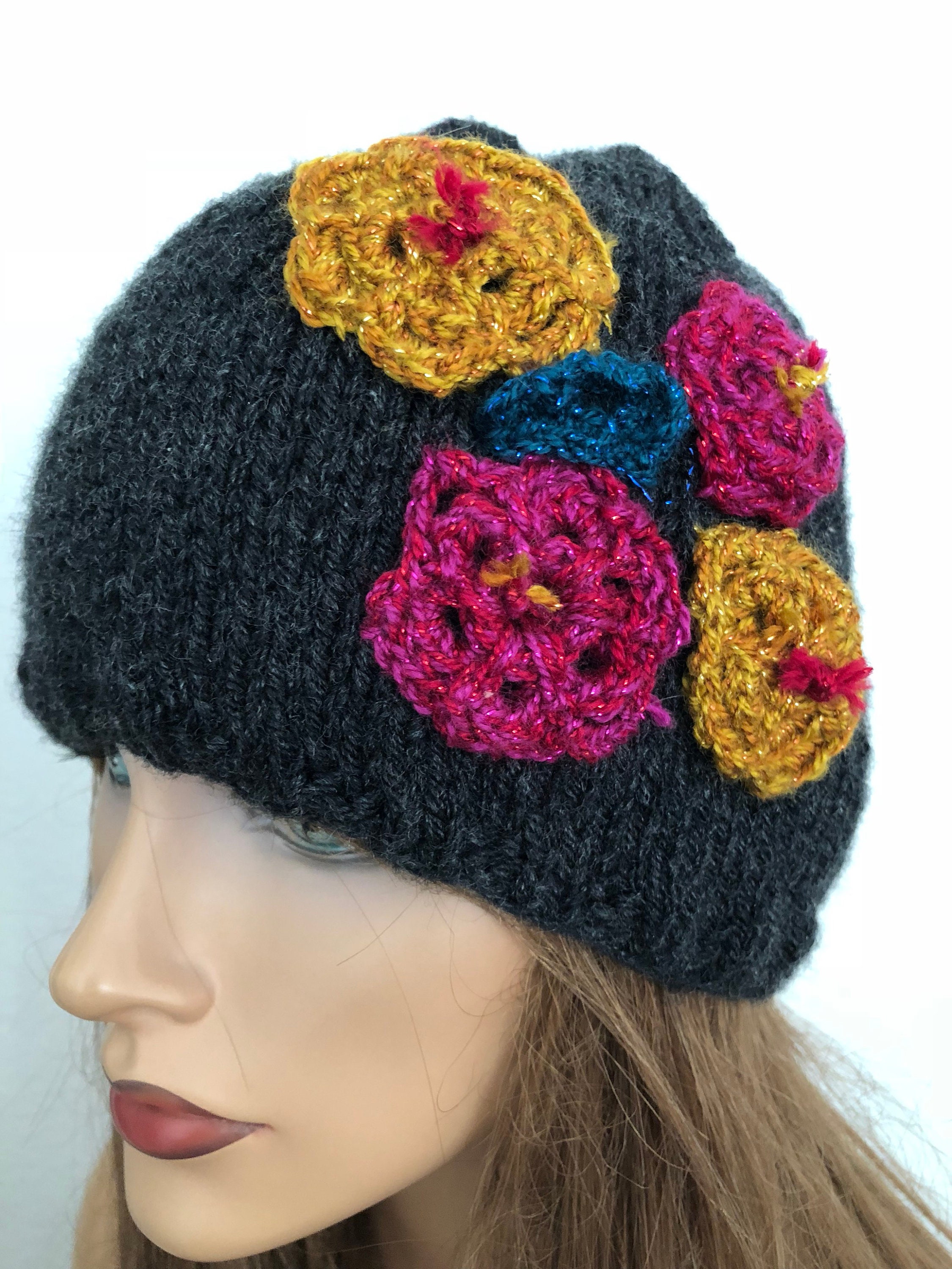 Hand Knits 2 Love Hat Beanie Cap Flowers Gold Designer  display picture 2