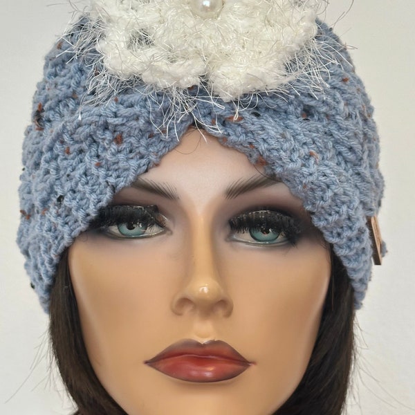Hand Knits 2 Love Bandana Headband Ear-covers Turban Flower Bead Designer Fashion Denim Blue Tweed Gift Mother’s Day Feminine  Head Hair Hip