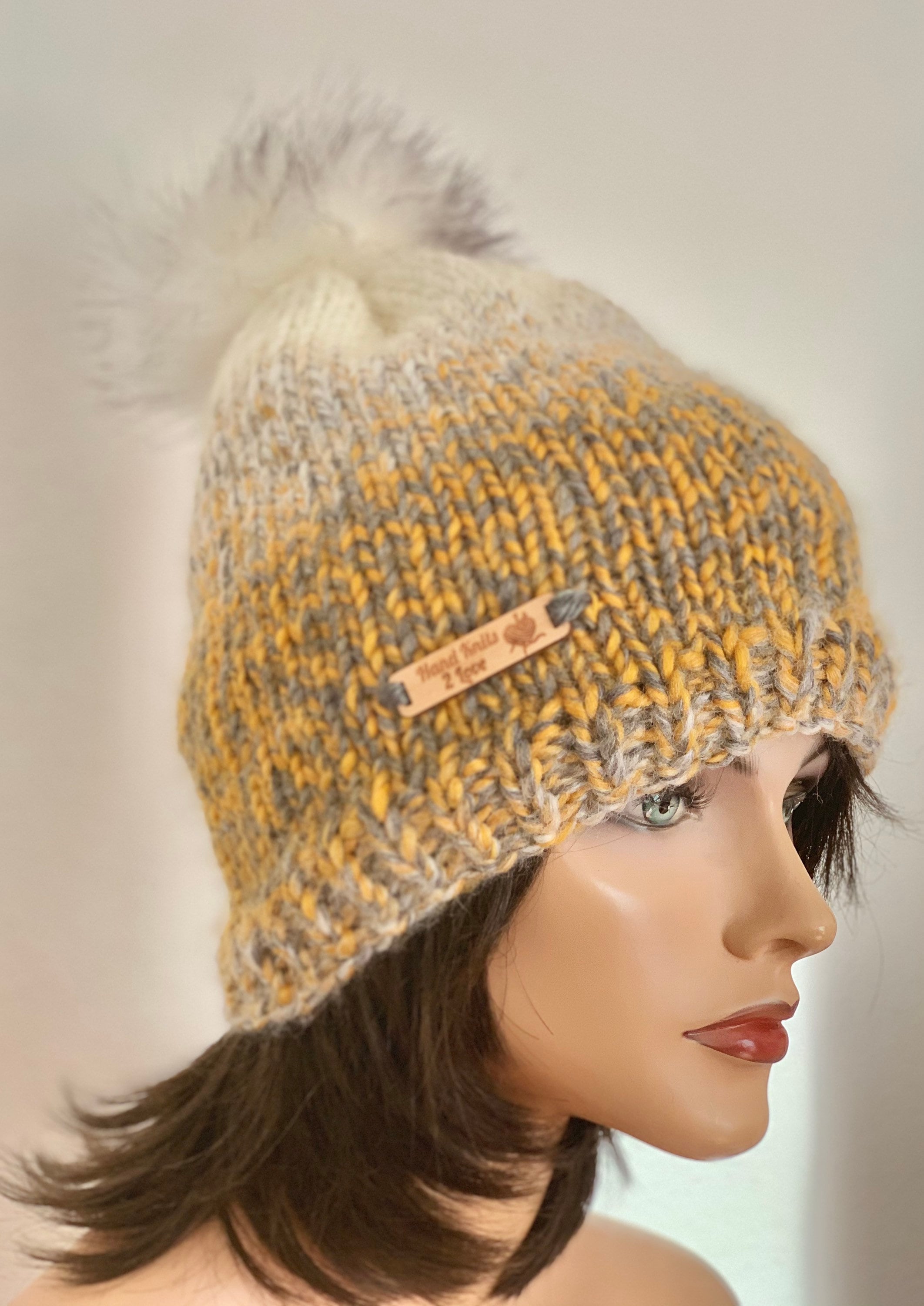 Hand Knits 2 Love Beanie Winter Hat Chunky Ombré Designer Faux Fur Pom Pom Warm Hand Knits 2 Love Beanie Hat Cap Slouch Ombre Faux Fur Pom  main image 4