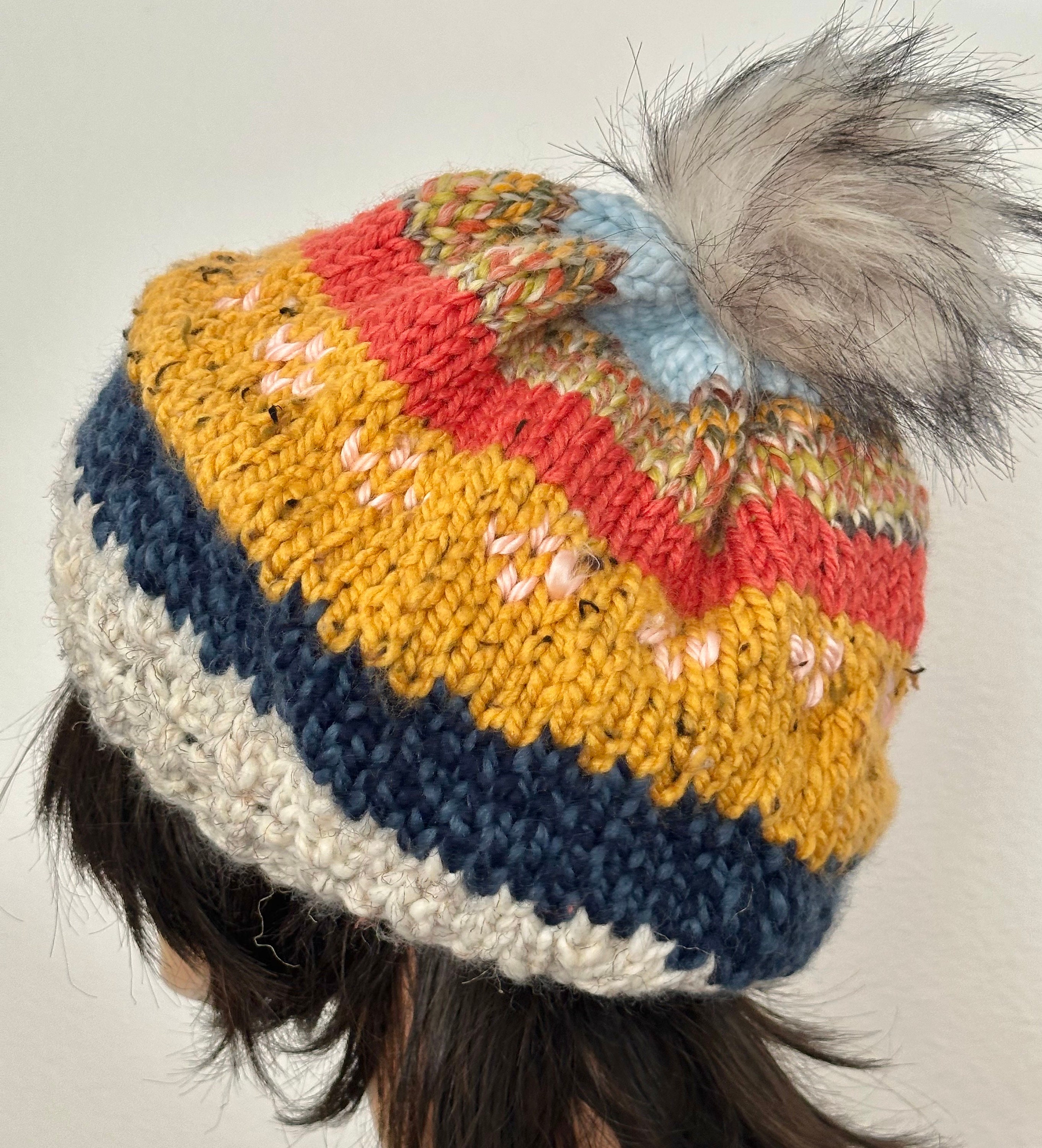 Hand Knits 2 Love Beanie Slouch Cap Faux Fur Pom Pom Semi 