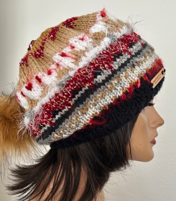 Hand Knits 2 Love Slouch Beanie Hat Cap Fair-isle Hand Knits 2 Love Slouch Beanie Hat Cap Fair-isle Faux Fur  main image 3