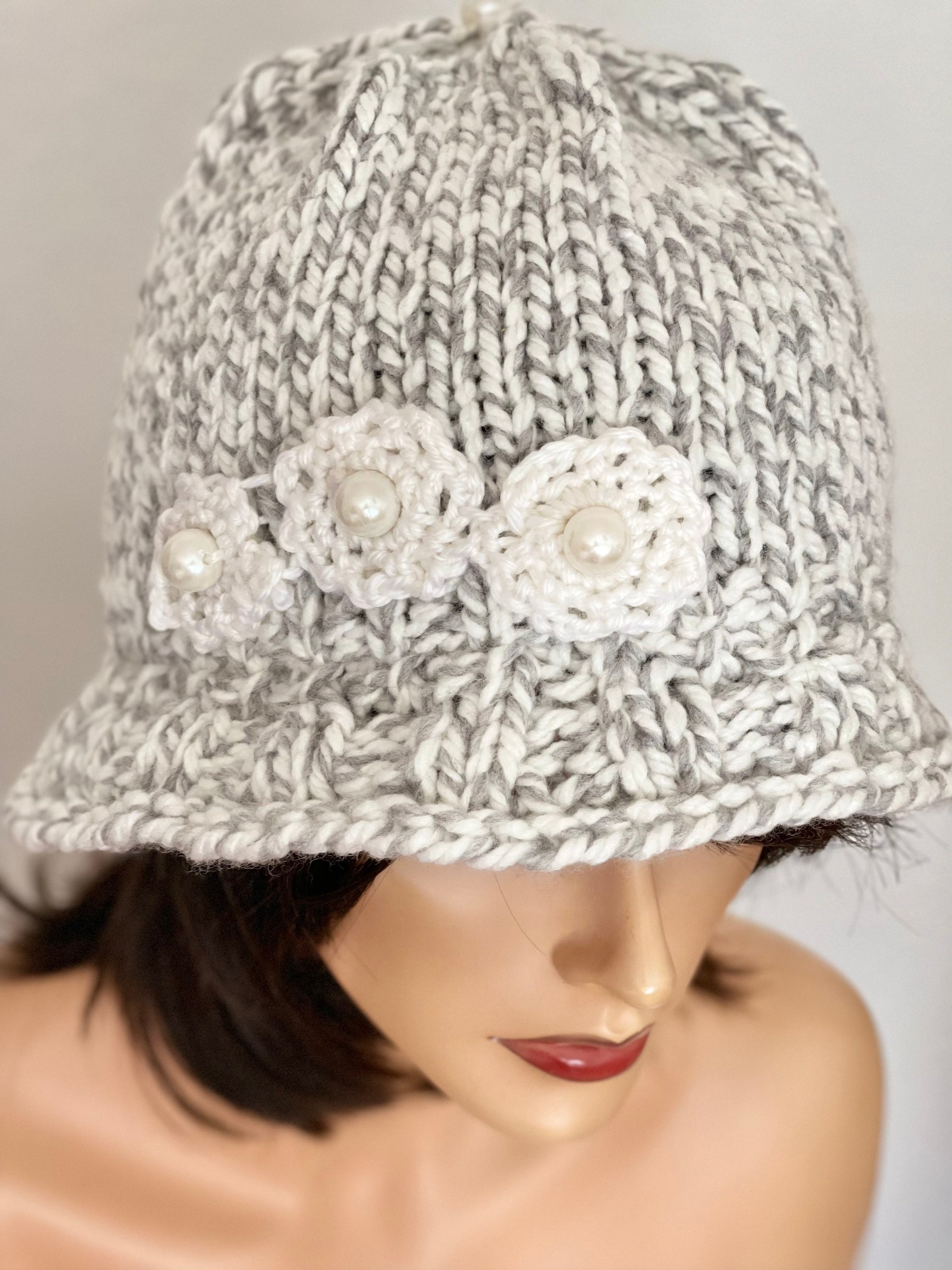 Hand Knits 2 Love Hat Brim Cap Beanie Flowers Pearls 