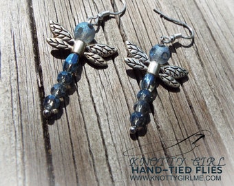 Blue Dragonfly Earrings | glass bead dangle earrings | metal bead earrings | Silver-plated drop earrings | Gifts for Her | Nature Inspired