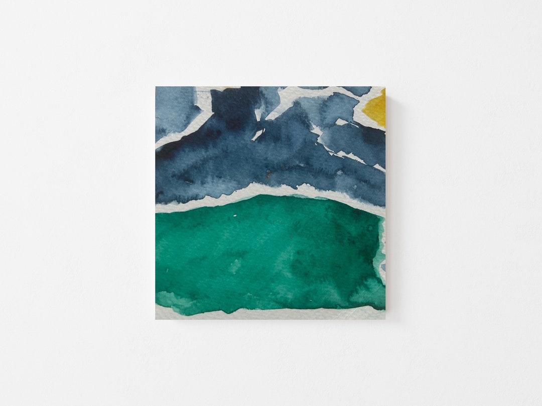 Original Abstract Landscape Watercolor Painting on Wood - Blue Green ...