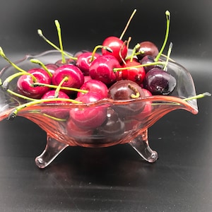 Vintage clear pink glass candy dish with or without 30 faux cherries