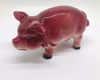 Vintage pink red Mother pig ceramic figurine